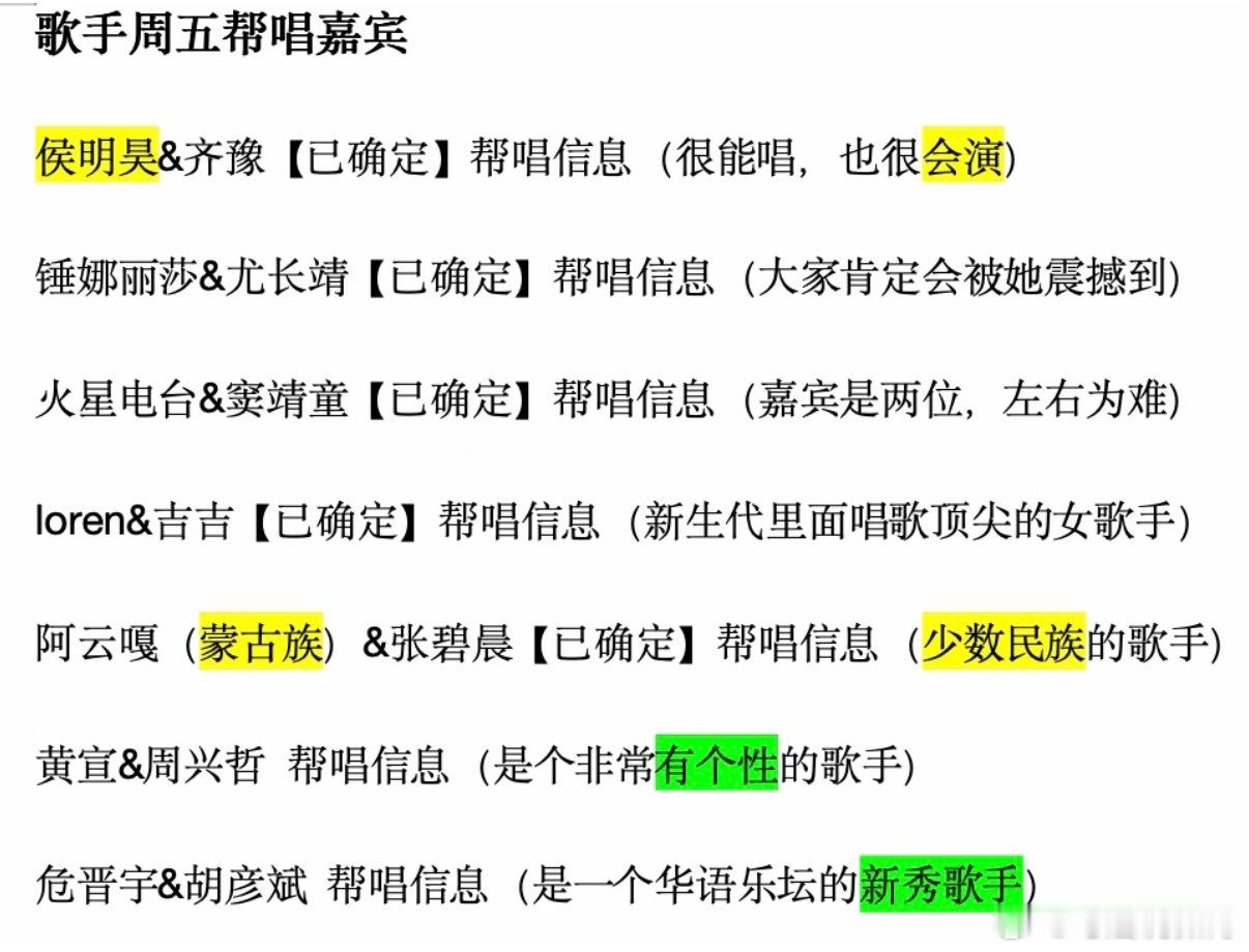 曝歌手帮唱嘉宾周五歌手帮唱嘉宾🍉：齐豫➡️侯明昊尤长靖➡️锤娜丽莎窦靖童➡️火