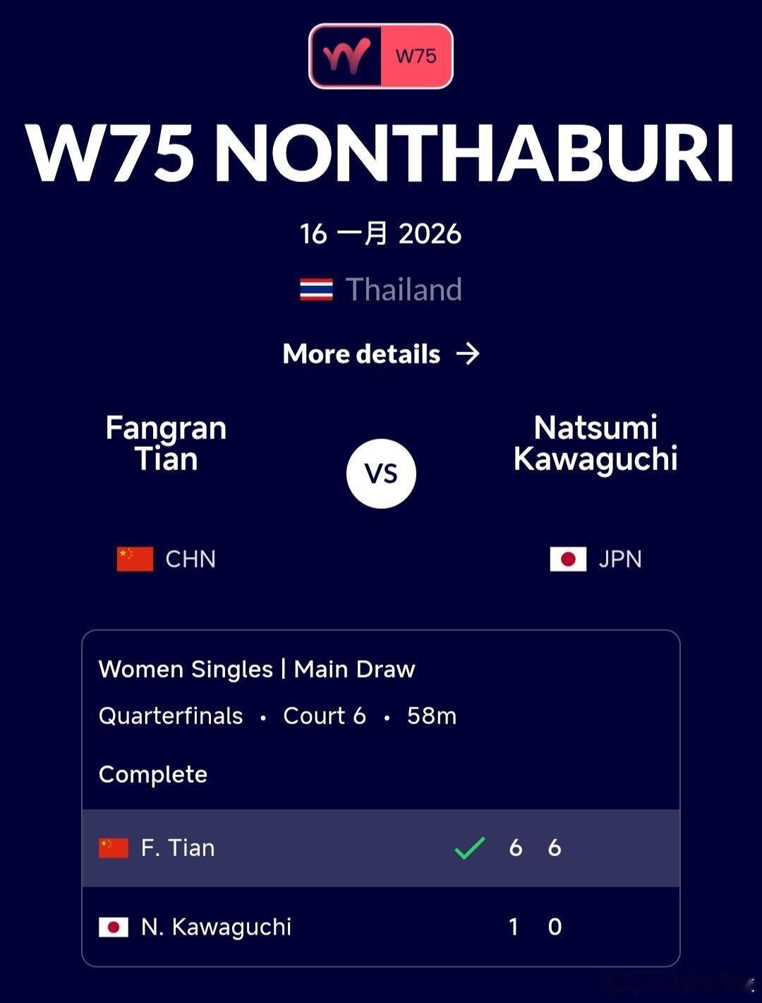 W75暖武里府站女单8进4田方然🇨🇳6-1/6-0战胜川口夏实🇯🇵晋级半