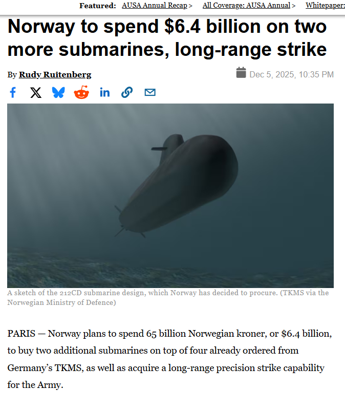 挪威真是阔气，给德国64亿刀，追加2艘212CD潜艇并资助德国建立第二条潜艇生产