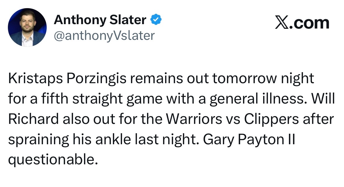 库明加换了一个诈骗犯？ 波尔津吉斯因一般性疾病，将在明晚对阵快船的比赛中继续缺阵