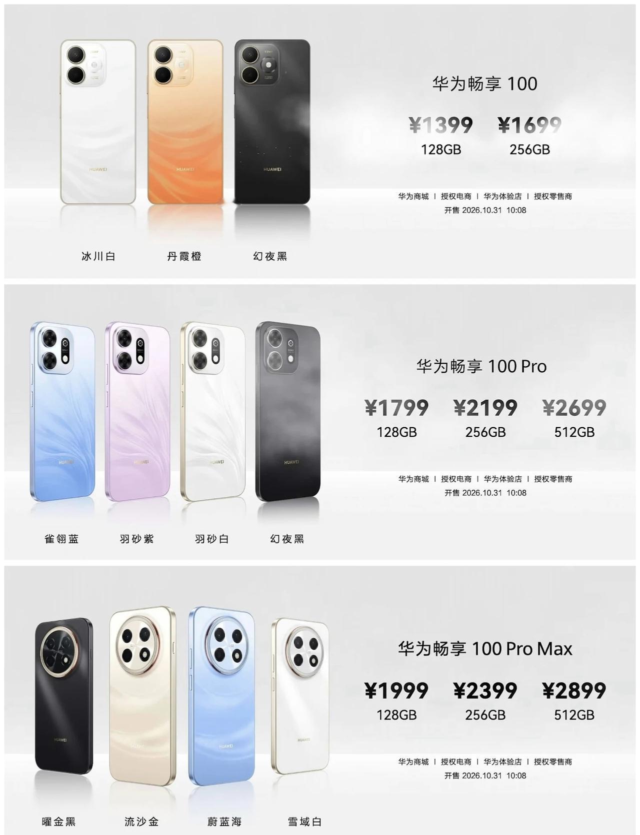 华为畅享100系列价格公布，1399元起
华为又发布了多款手机，看看价格怎么样。