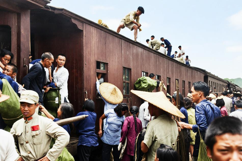 1944年，桂柳会战期间，大批桂林民众为逃避日军推进，拼命挤上湘桂铁路火车，车厢