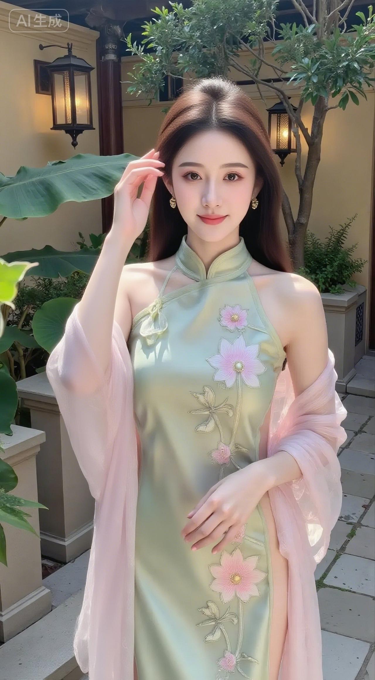 檐角灯暖蕉叶，浅青旗袍裹粉绒袖，绣纹晃过阶前光。桂香卷雕窗，嫩色浸蜜，是院儿里软