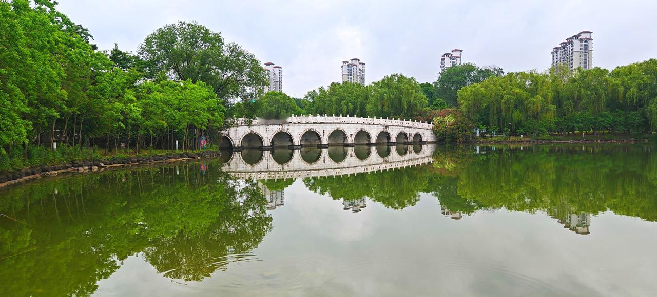 晒图笔记大赛雨后的公园，湖面像镜子一样，把桥和树都装了进去。走在湖边，连风都带着