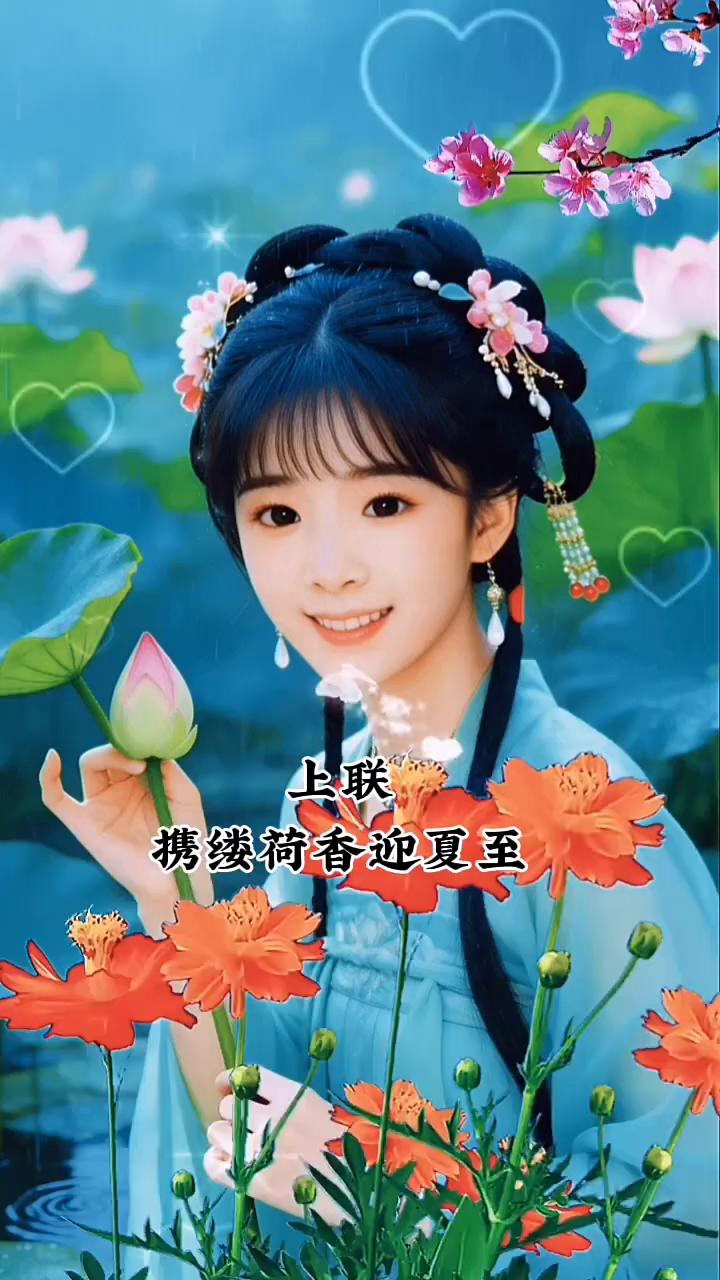 上联：携缕荷香迎夏至。下联：携缕荷香迎夏至。