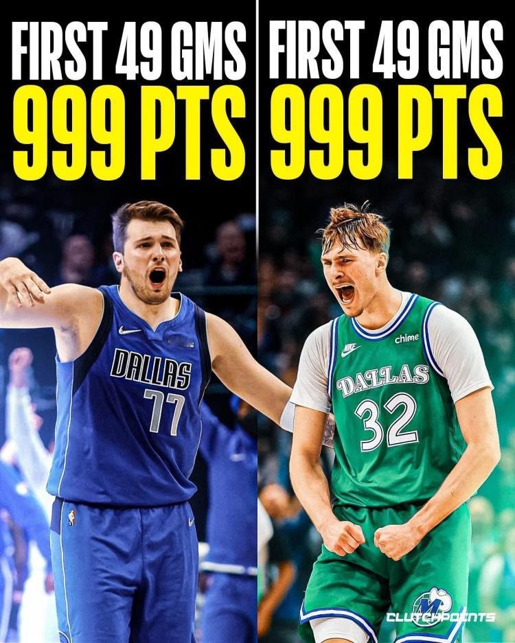 历史总是以奇妙的方式重演。他们在独行侠生涯的前49场比赛中：东契奇999分，弗拉