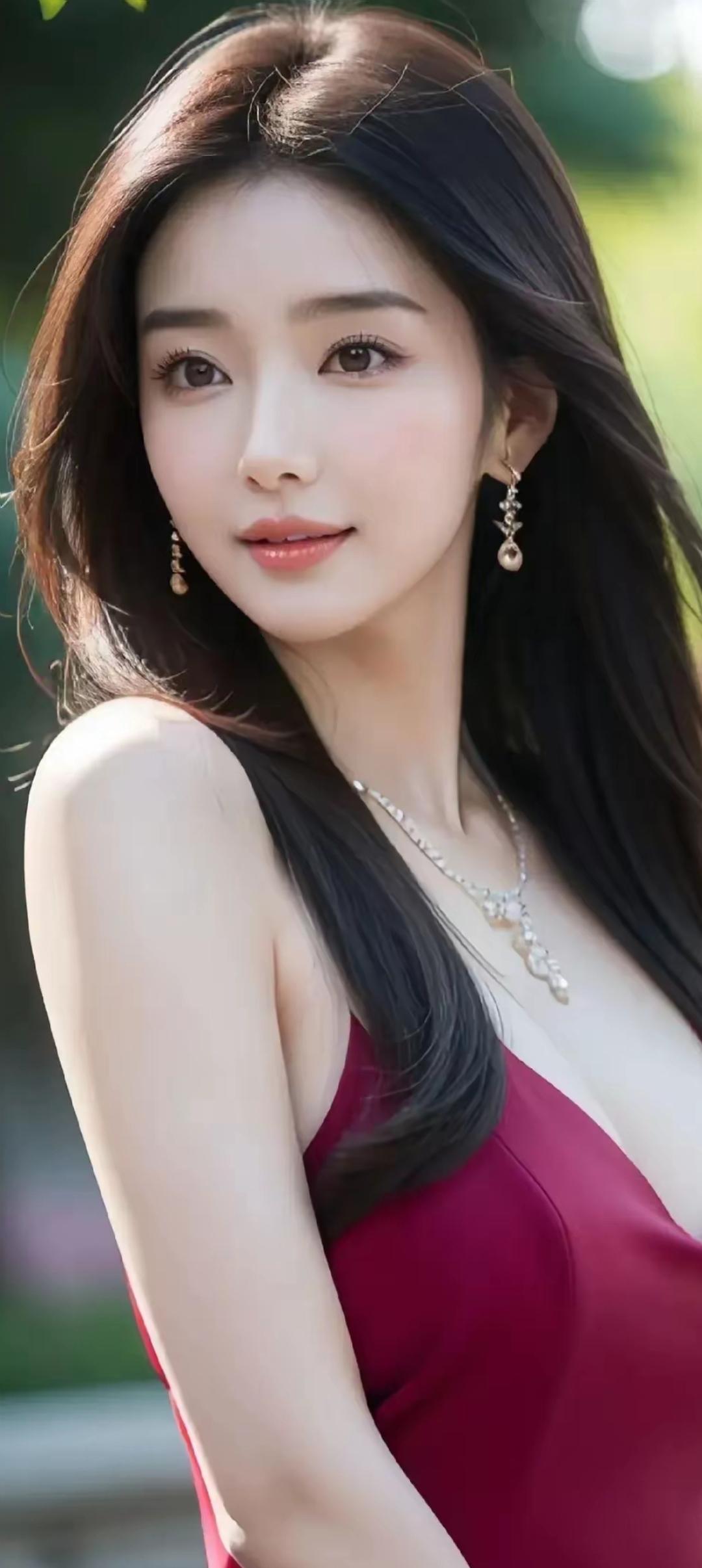 优雅红裙，闪耀耳环，自然光下绽放迷人魅力。