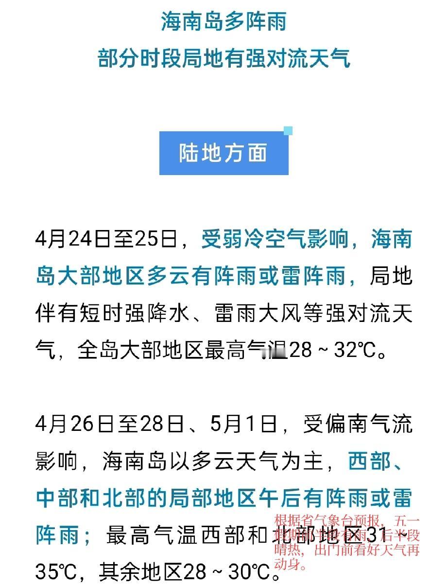 【五一假期海南天气出炉！前半段雨后半段晴，出行怎么安排？老牛给你划重点】老铁们，