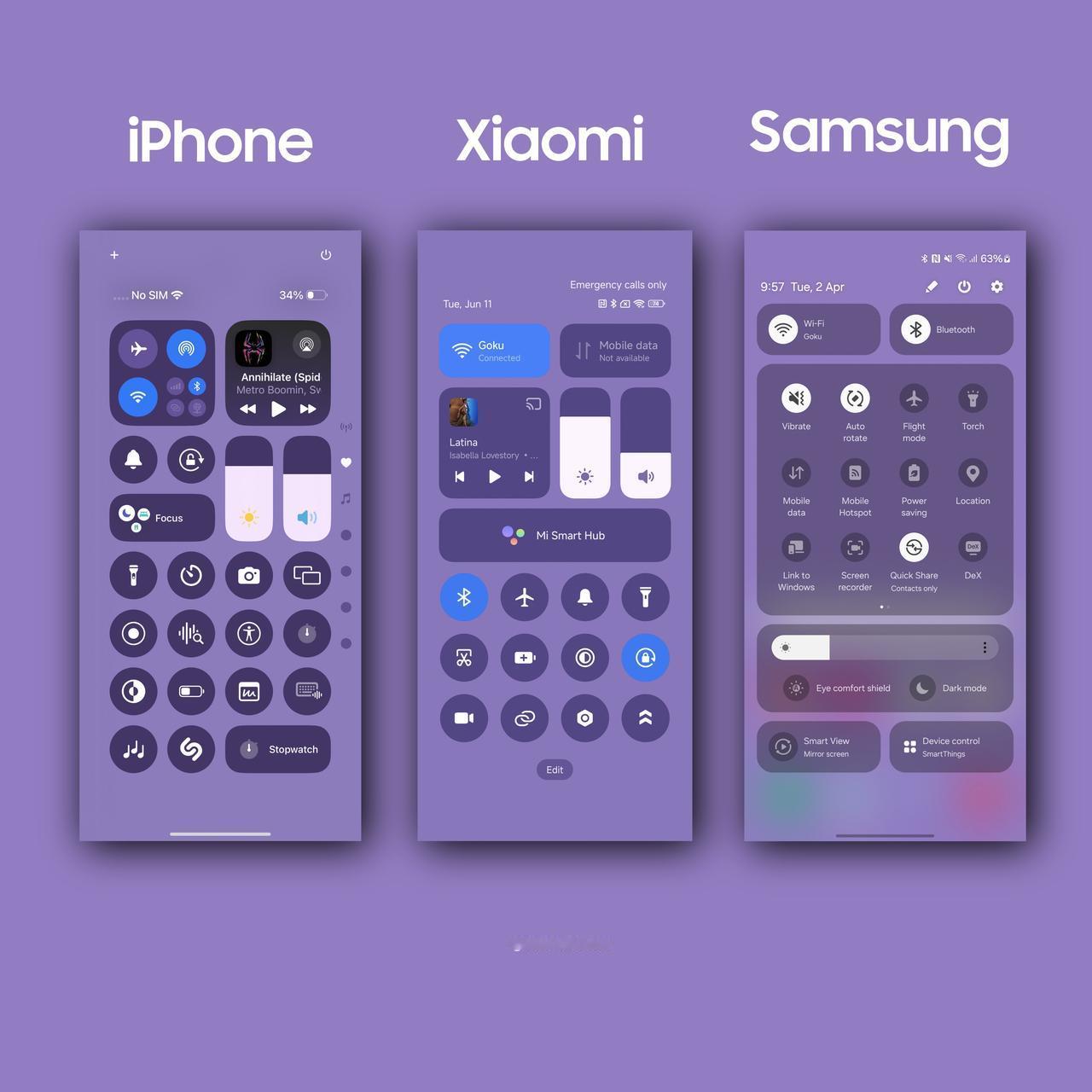 iOS 18，小米澎湃OS和三星OneUI的控制中心对比。

iOS18这边把按
