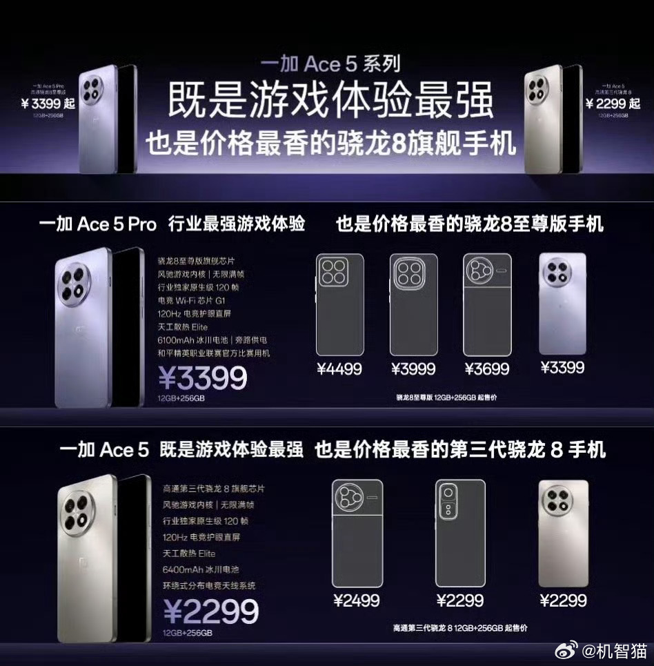 一加Ace5售价2299元起（12+256GB）一加Ace5 Pro售价3399