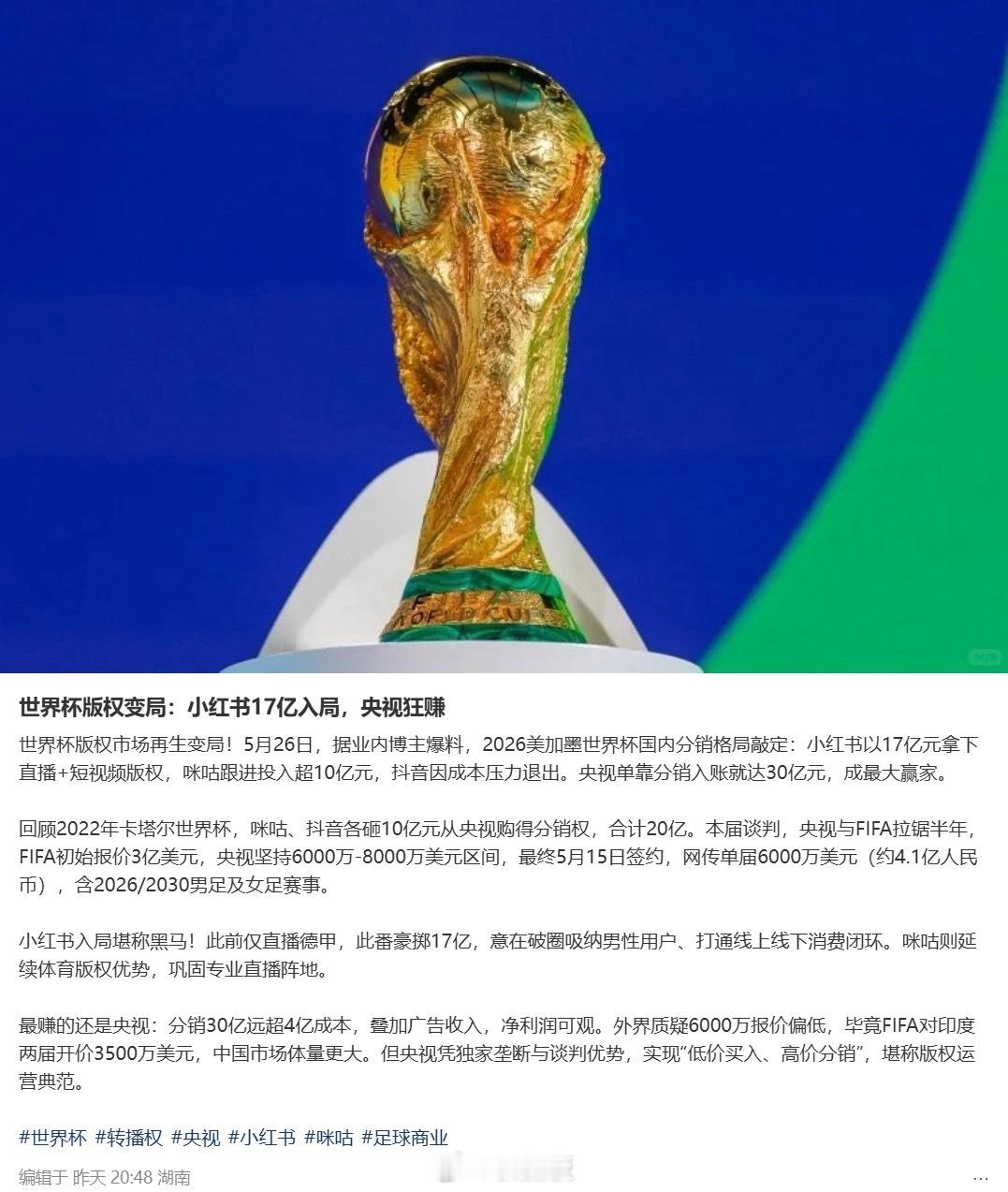 咪咕拿下世界杯分销权能理解，小红书也参与进来，总共分销达27亿？我有点怀疑。看世