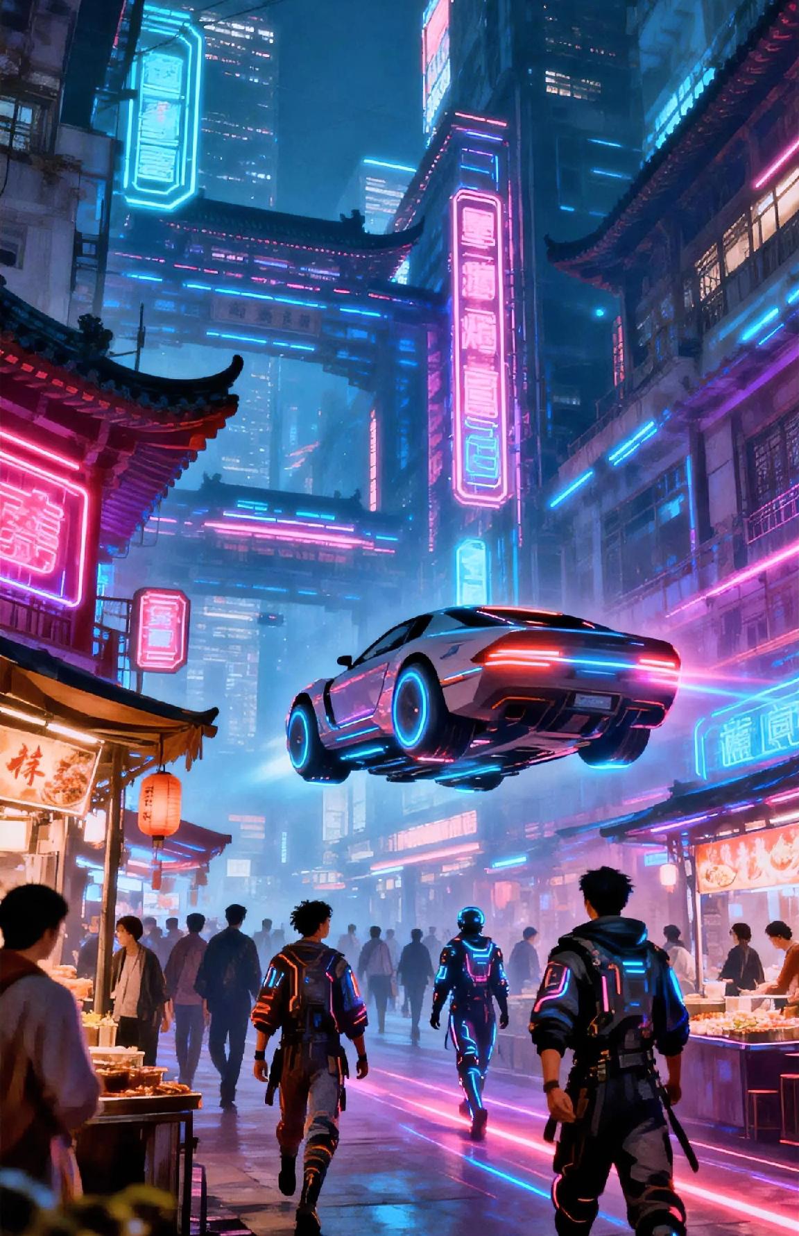未来科技与传统市集的碰撞，霓虹灯下的都市之夜