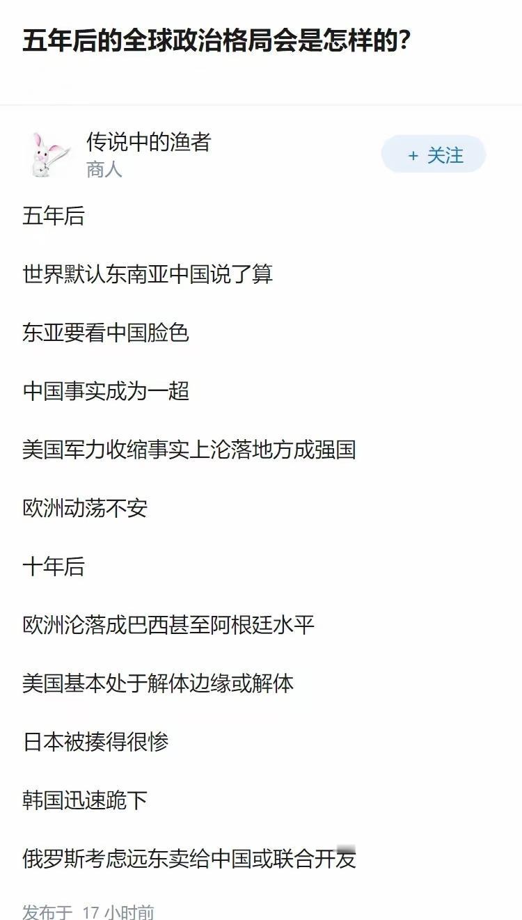 网友预测的五年后的全球政治格局，你赞同吗？[思考] ​​​