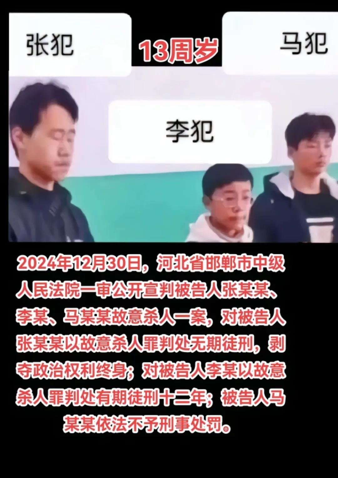 主犯张某某无期徒刑，就是长的最成熟、个头最高、下手最狠的那个。13岁的年龄，18