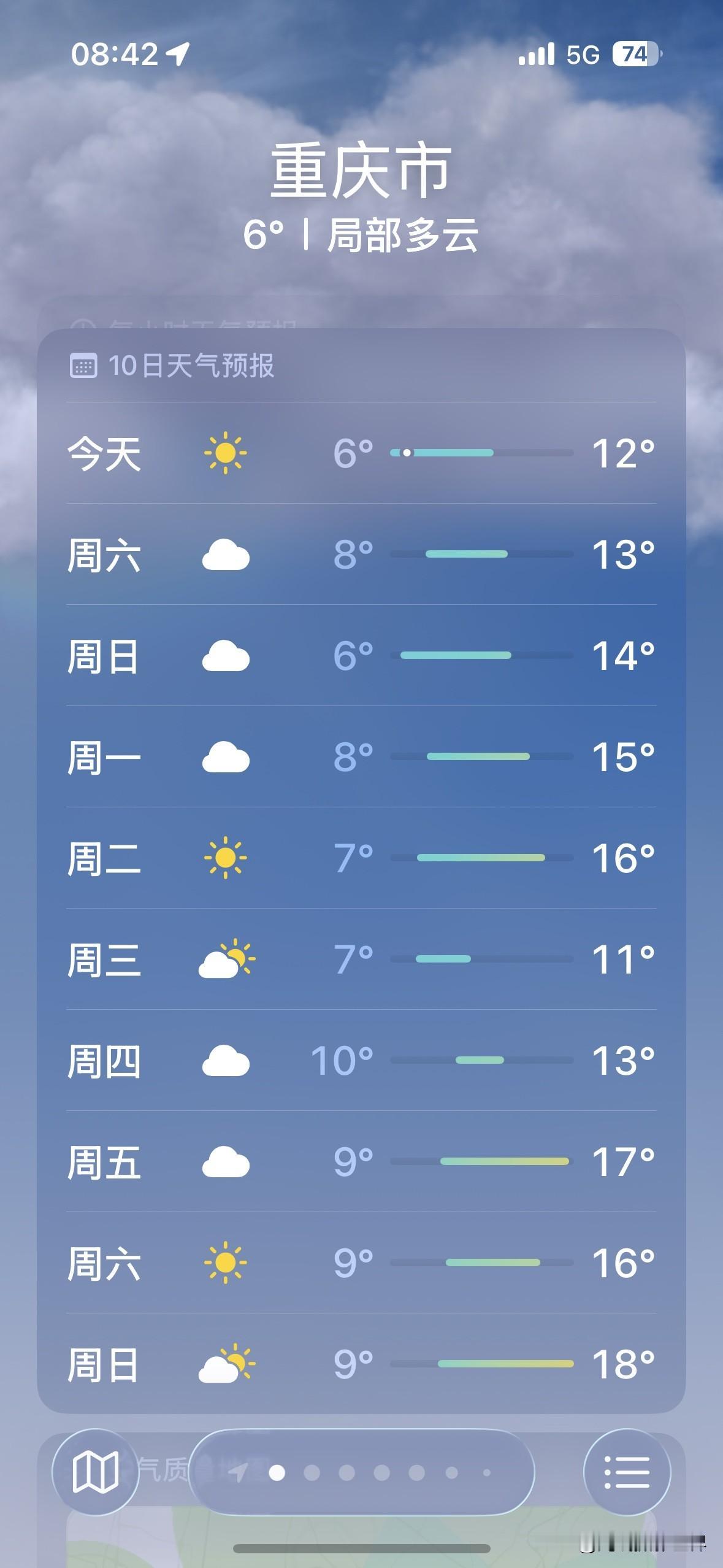 1月9日到18日，重庆主城区，总体是暖冬，经常出太阳，最高气温17度！不过，新一