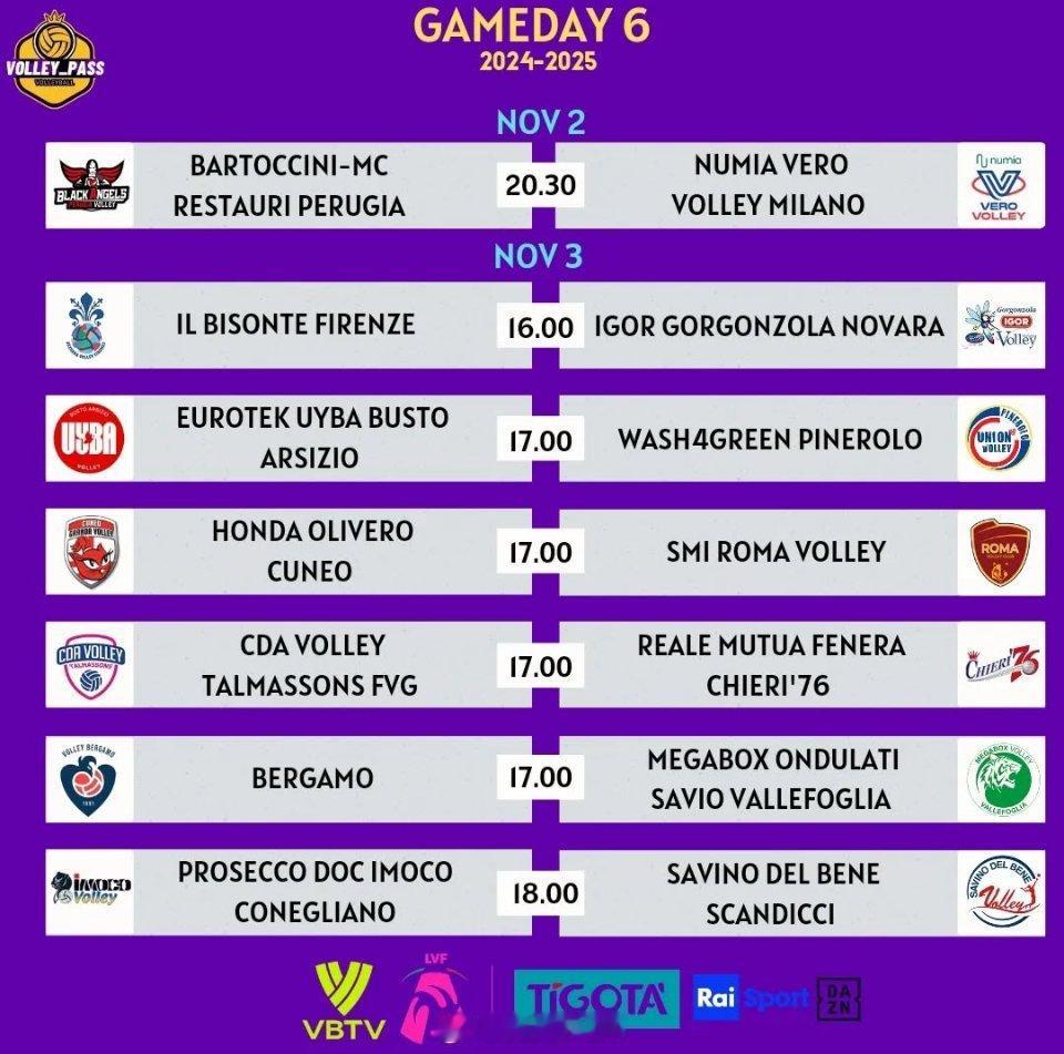 #朱婷[超话]##意大利女排联赛# GameDay6 赛历：佩鲁贾🆚米兰 佛罗