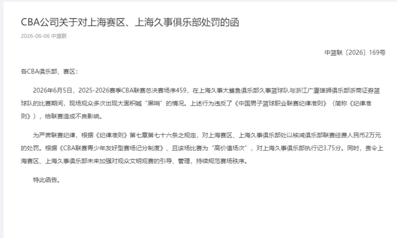 闯祸了，上海男篮CBA夺冠后意外收罚单，主场球迷多次喊黑哨，遭联盟重罚。

因为