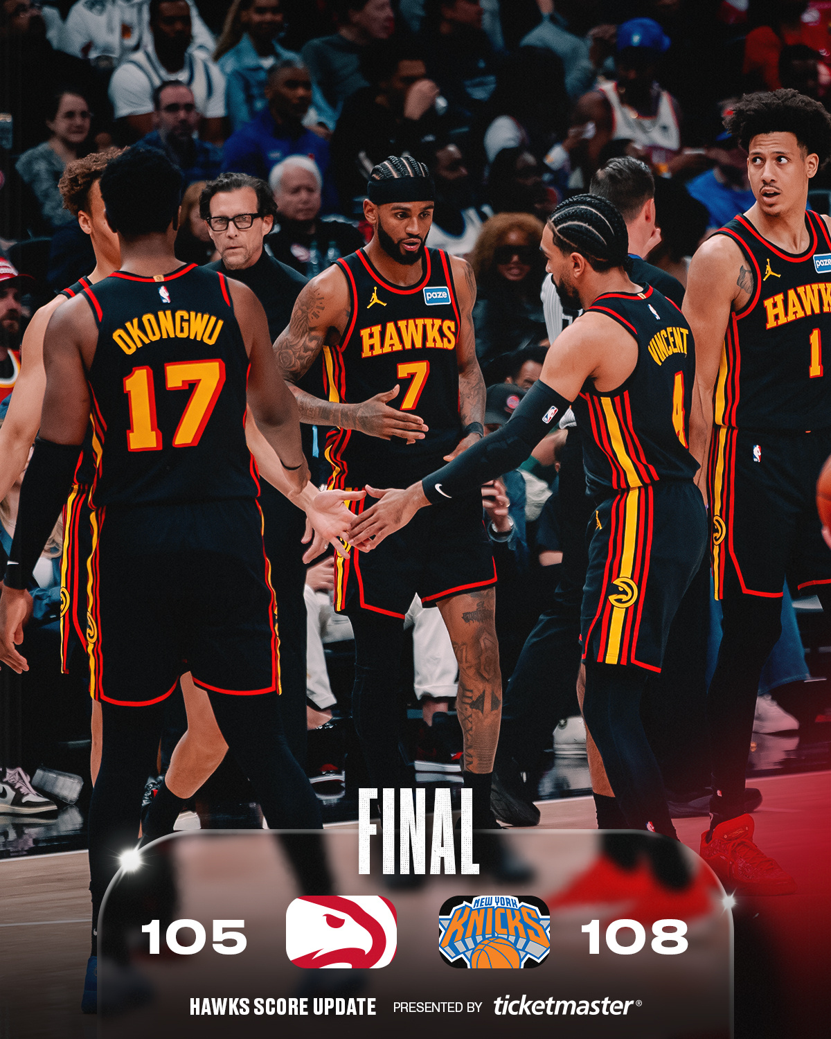 老鹰105-108不敌尼克斯，连胜中断。库明加出场22分钟，拿下5分5篮板2助攻