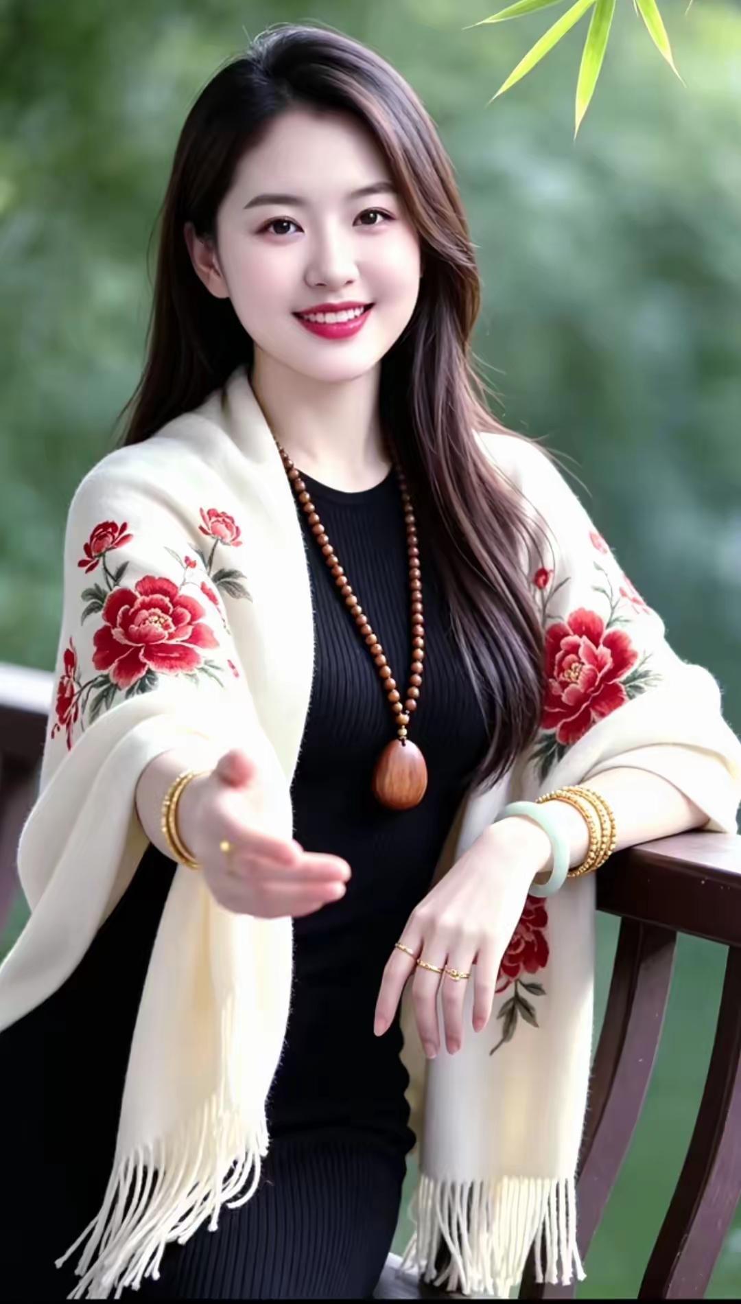 这姑娘穿着花披肩，笑得真甜。