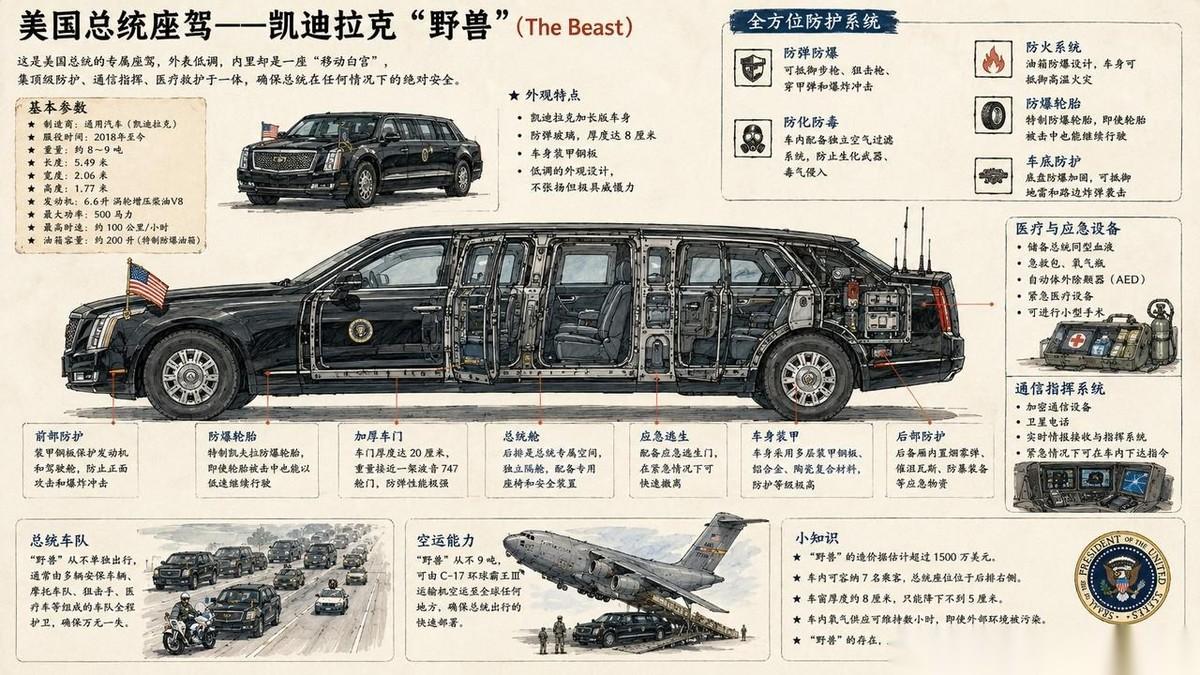 凯迪拉克“野兽” 是美国总统的专用豪华装甲轿车，由通用汽车（GM）接下特勤局的单