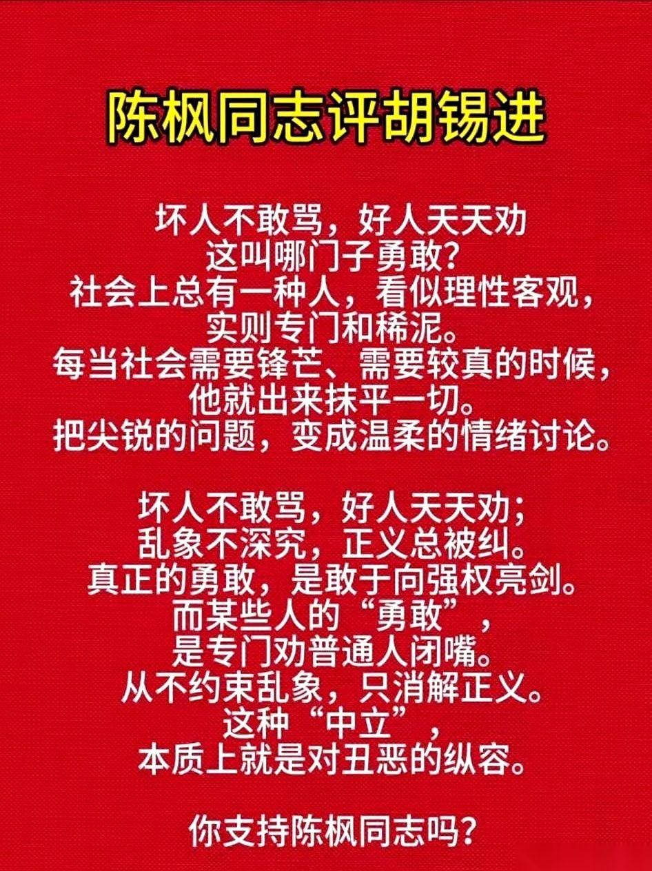 这阵子的公共讨论区，硬生生被陈枫和胡锡进的名字占满了。
前脚一篇“十问胡锡进”刚