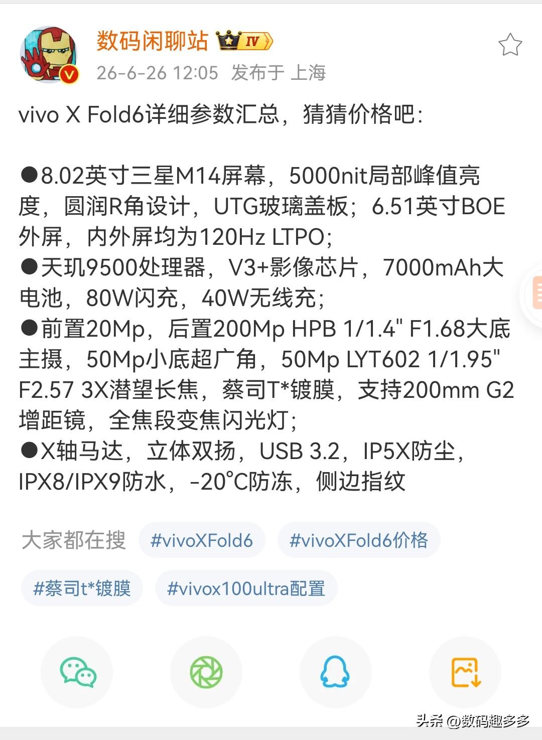 vivo X Fold6详细参数曝光，三星M14屏幕，内外屏均是LTPO，500
