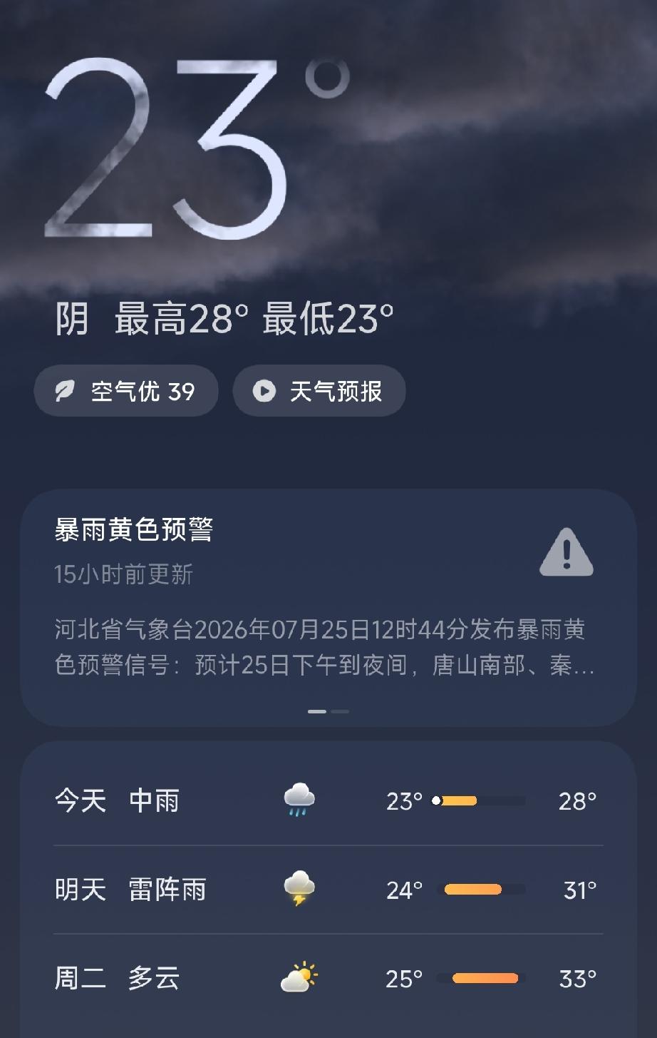 今天唐山的天气显示：中雨，空气质量优，温度：23℃到28℃。
爱上大唐山：唐山人