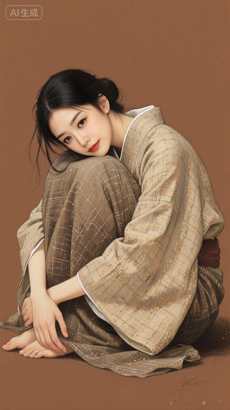 粗麻汉服女子抱膝静坐棕色背景前，发丝散落，神情疲惫，孤独安静。