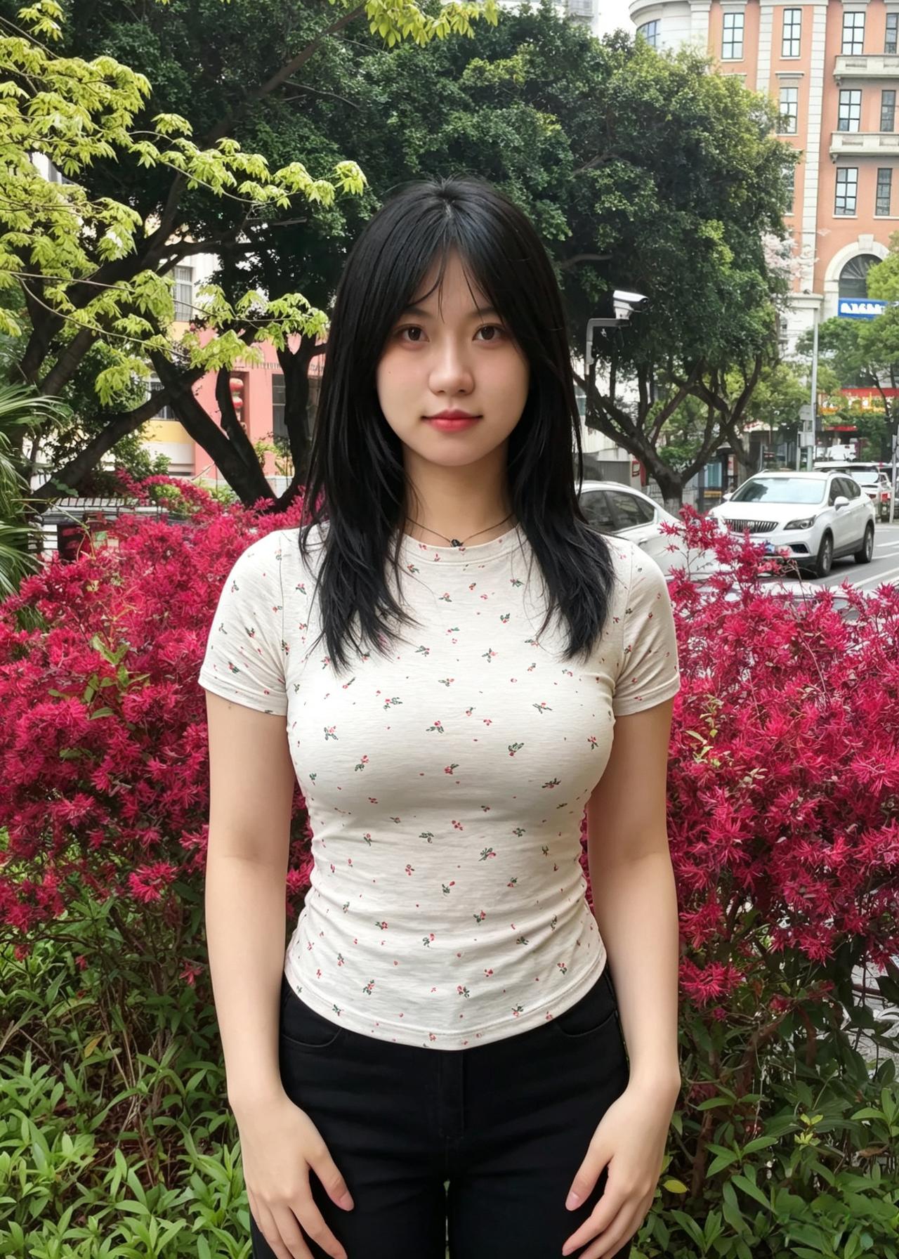 红丛翠叶映芳姿，黑发如墨衬冰肌。
一立春风花失色，人间何必觅仙姬。