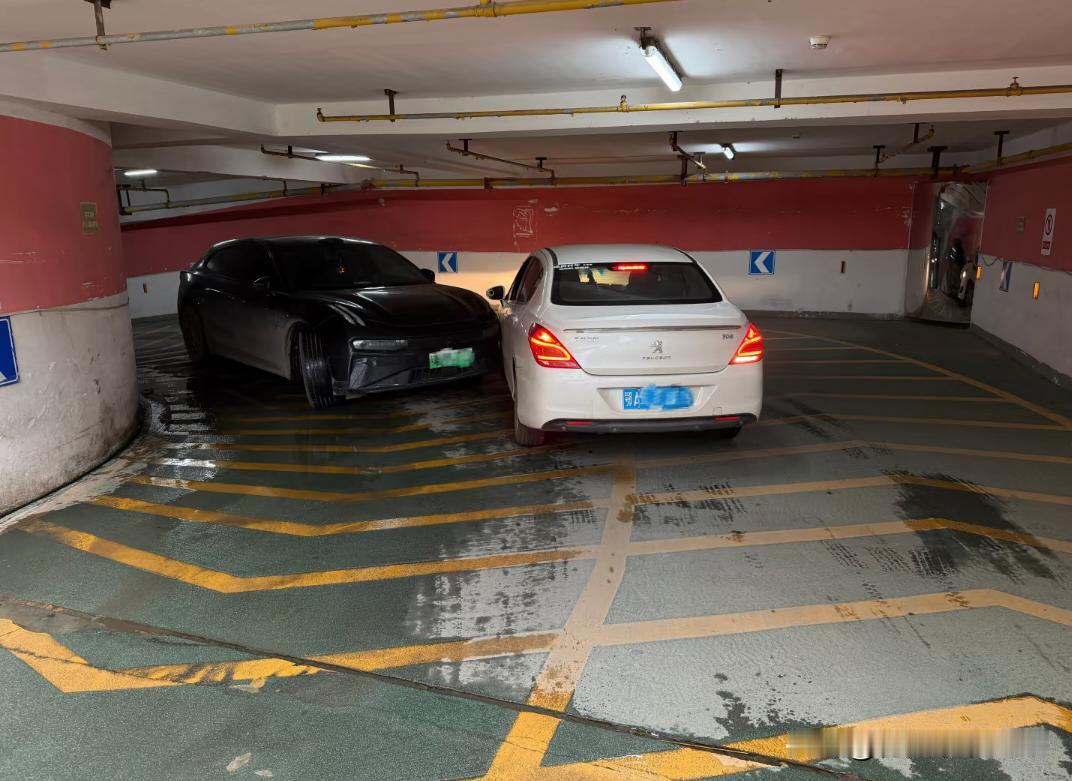 又等到有缘人，也算给他一个教训。
白车压着道路中心线进地库，占到我出地库的道了，