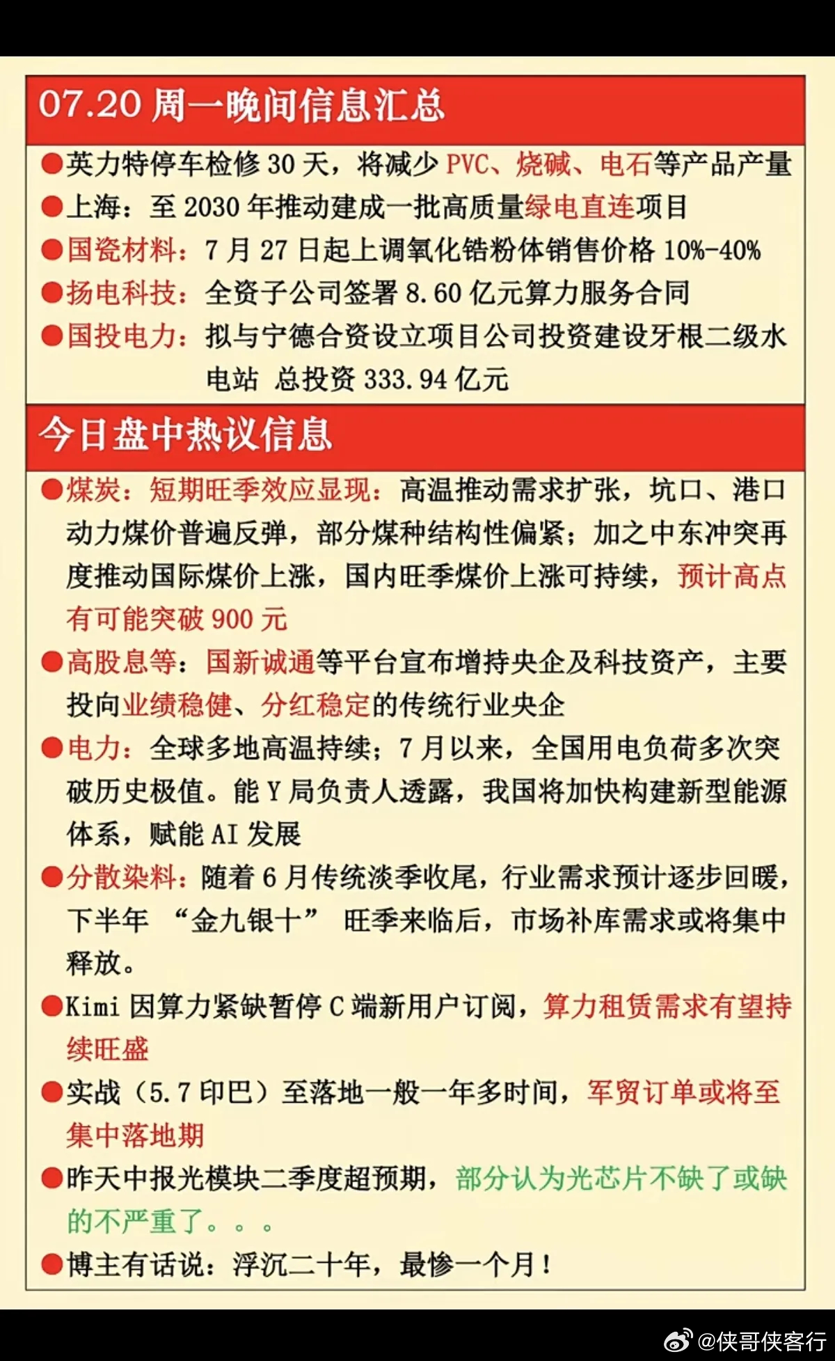 7.20周一  晚间：财经热点信息参考！1.烧碱、PVC2.绿电直连3.煤炭4.