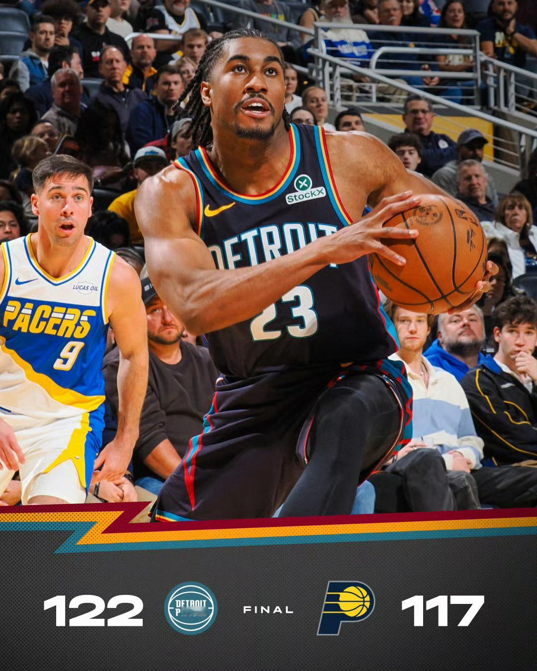 底特律活塞客场122-117战胜印第安纳步行者，两年前曾创造单赛季28连败记录的