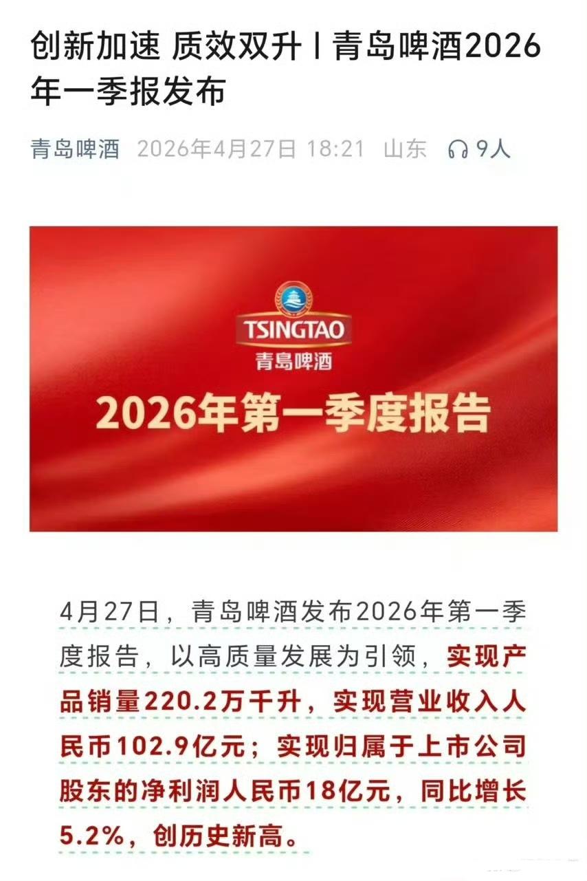 4月27号

青岛啤酒发布2026年第一季度报告，实现营业收入人民币102.9亿