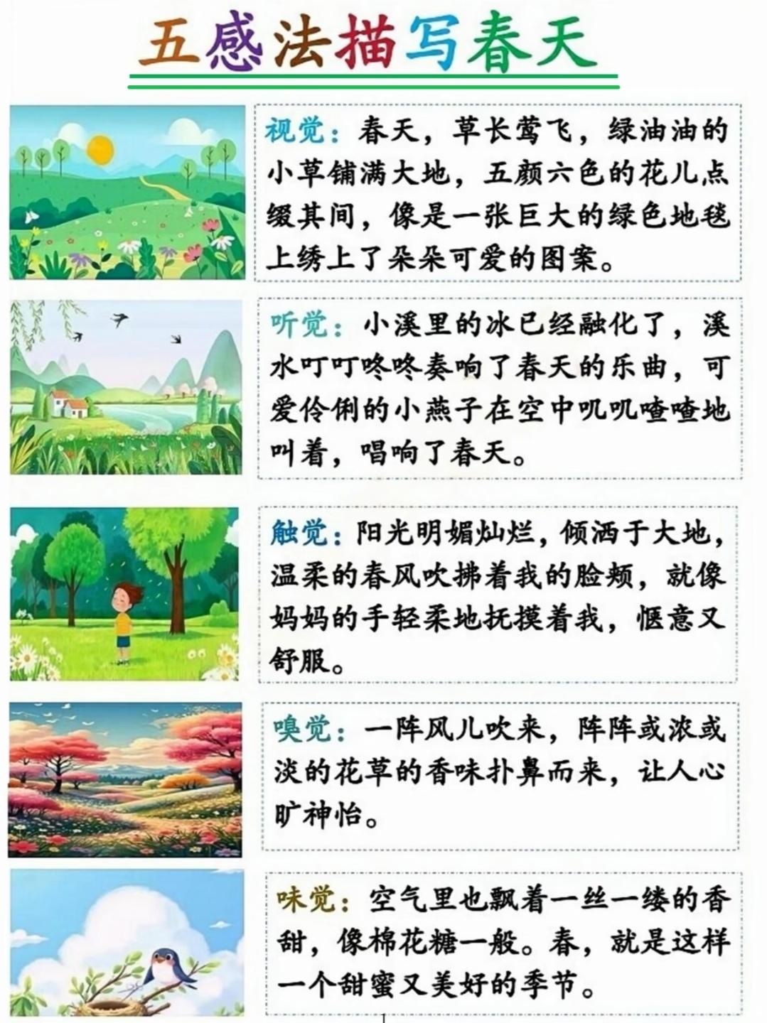 【五感法写作文】五感法描写春天
 
视觉：春天，草长莺飞，绿油油的小草铺满大地，
