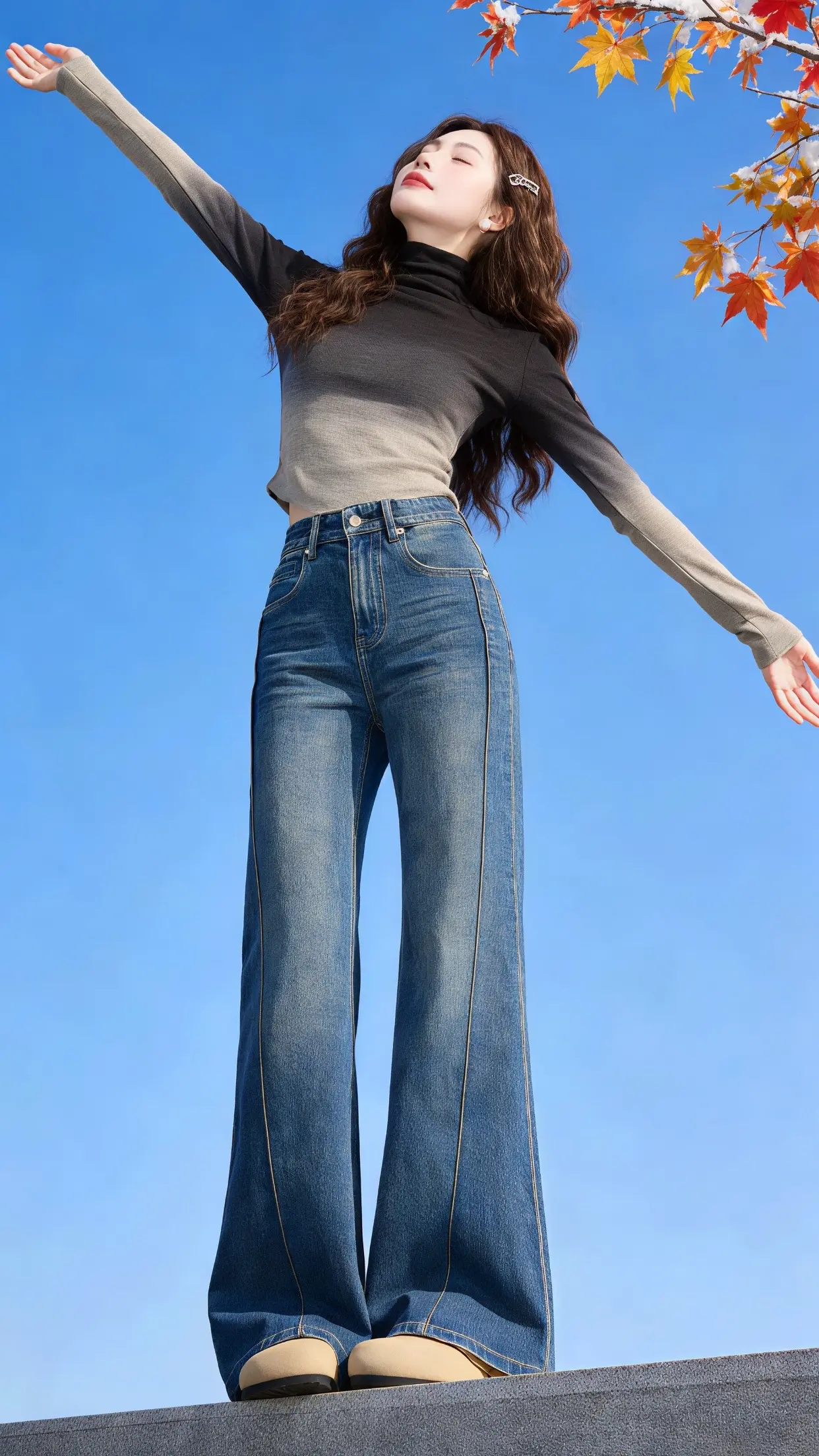 阔腿牛仔裤 保暖又好看 过年穿什么 新年穿搭 显高显瘦显腿长