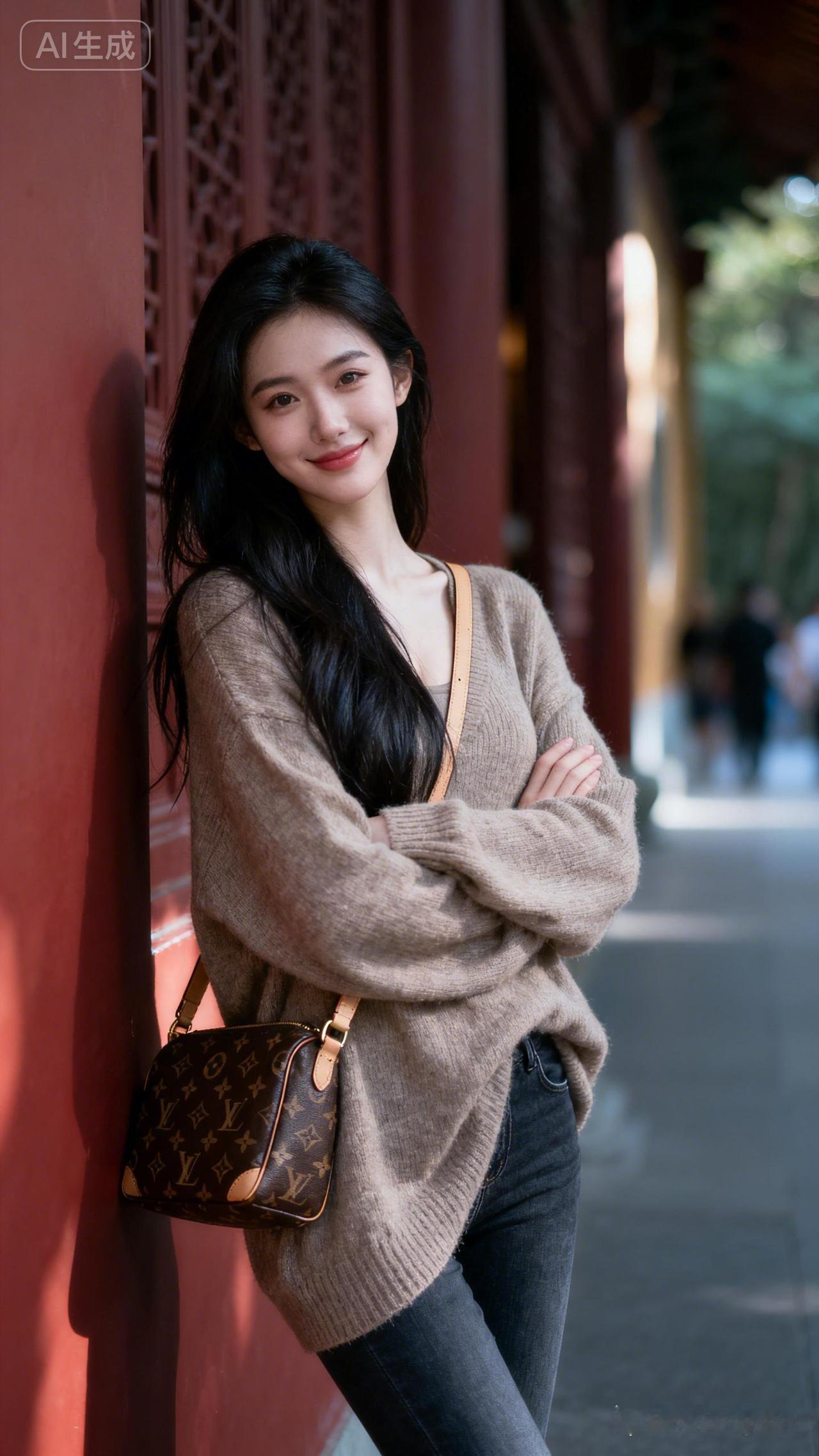 绝美女网红，浅咖毛衣配名牌牛仔裤，单肩LV包，黑长直发垂落，灵隐寺红墙前双臂交叉