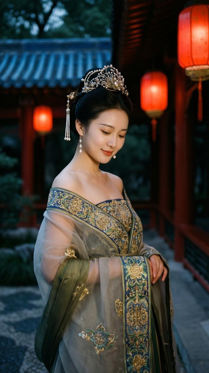 穿越时空的古典美人，红灯笼映衬下的优雅姿态。