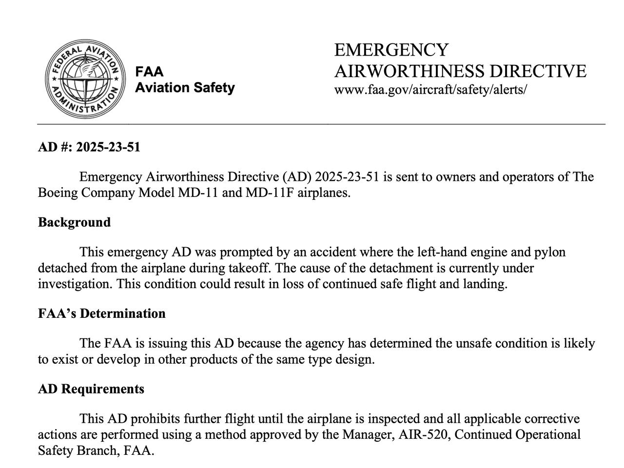 本紧急适航指令（AD）2025-23-51下发给波音公司MD-11及MD-11F