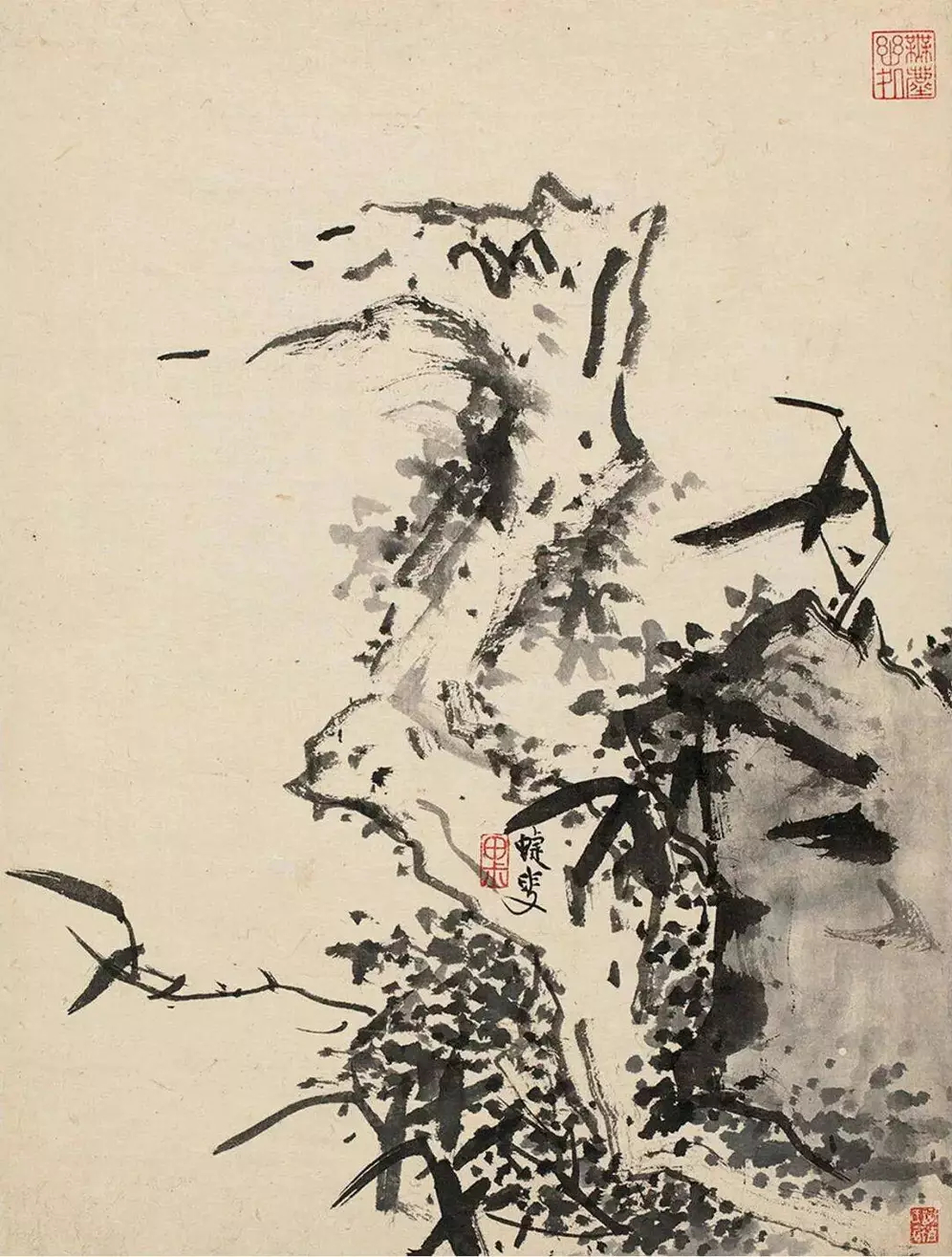 明 蓝瑛《兰竹石册》，纸本，水墨设色，尺寸31.8×24 cm。此册作兰竹，多佐