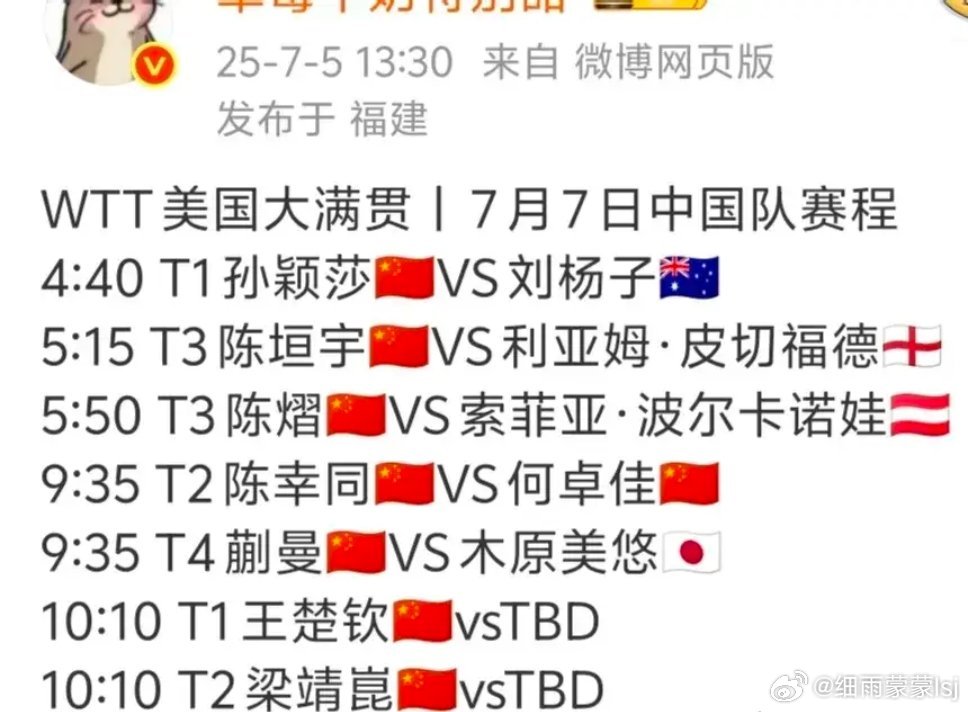 美国大满贯北京时间7月7日中国队赛程已出炉！主办方还是不错的，我们只要早起一会儿