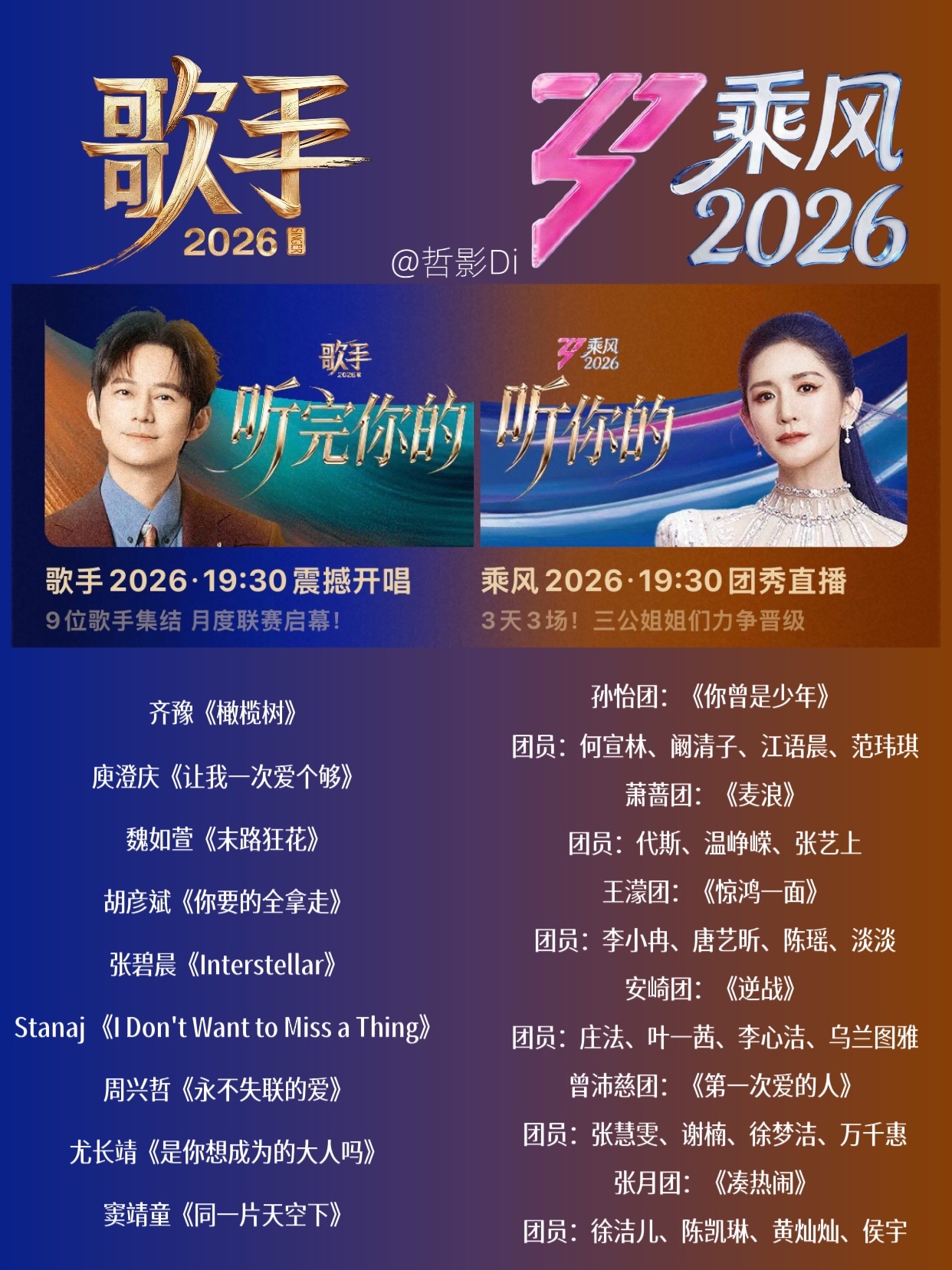 歌手浪姐联动《歌手2026》将与《乘风2026》今晚同一时间段直播！《歌手》是9