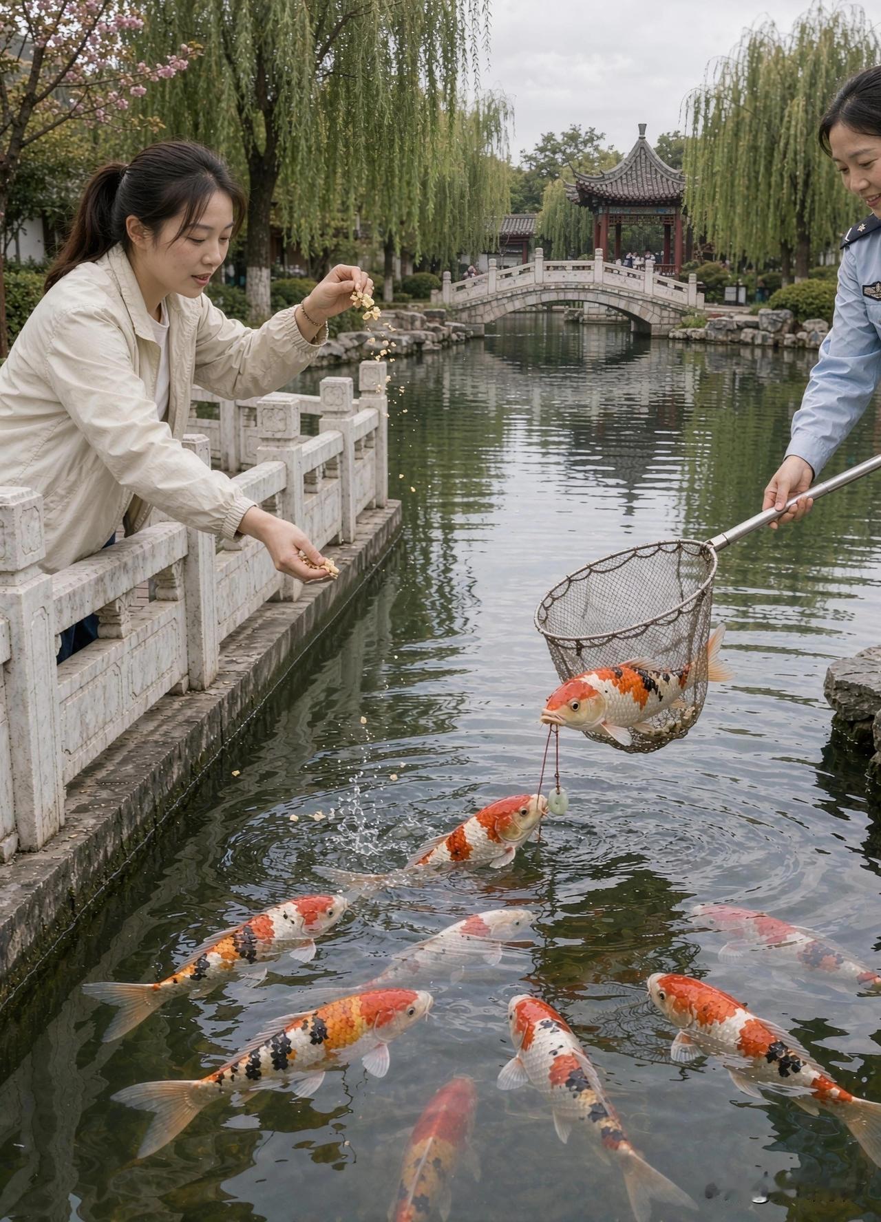 【简讯】近日，浙江一景区内，游客临池投饲，玉佩不慎滑脱坠水，恰被游经锦鲤衔住挂绳