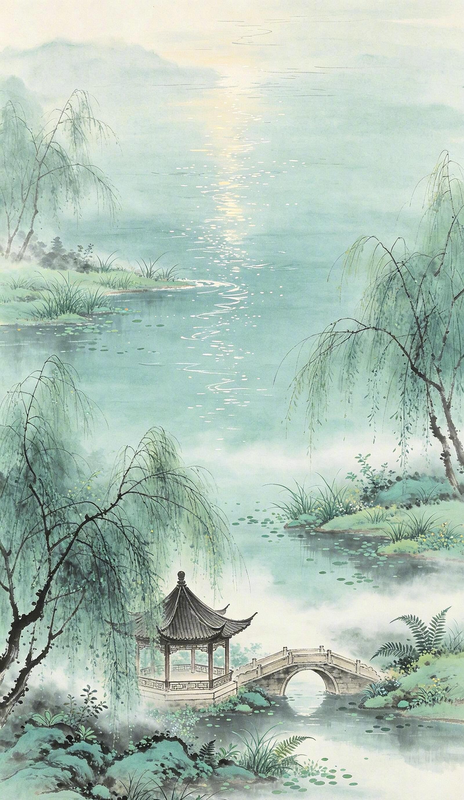 薄雾轻笼碧水塘，孤亭闲立晚风。 ​​​
