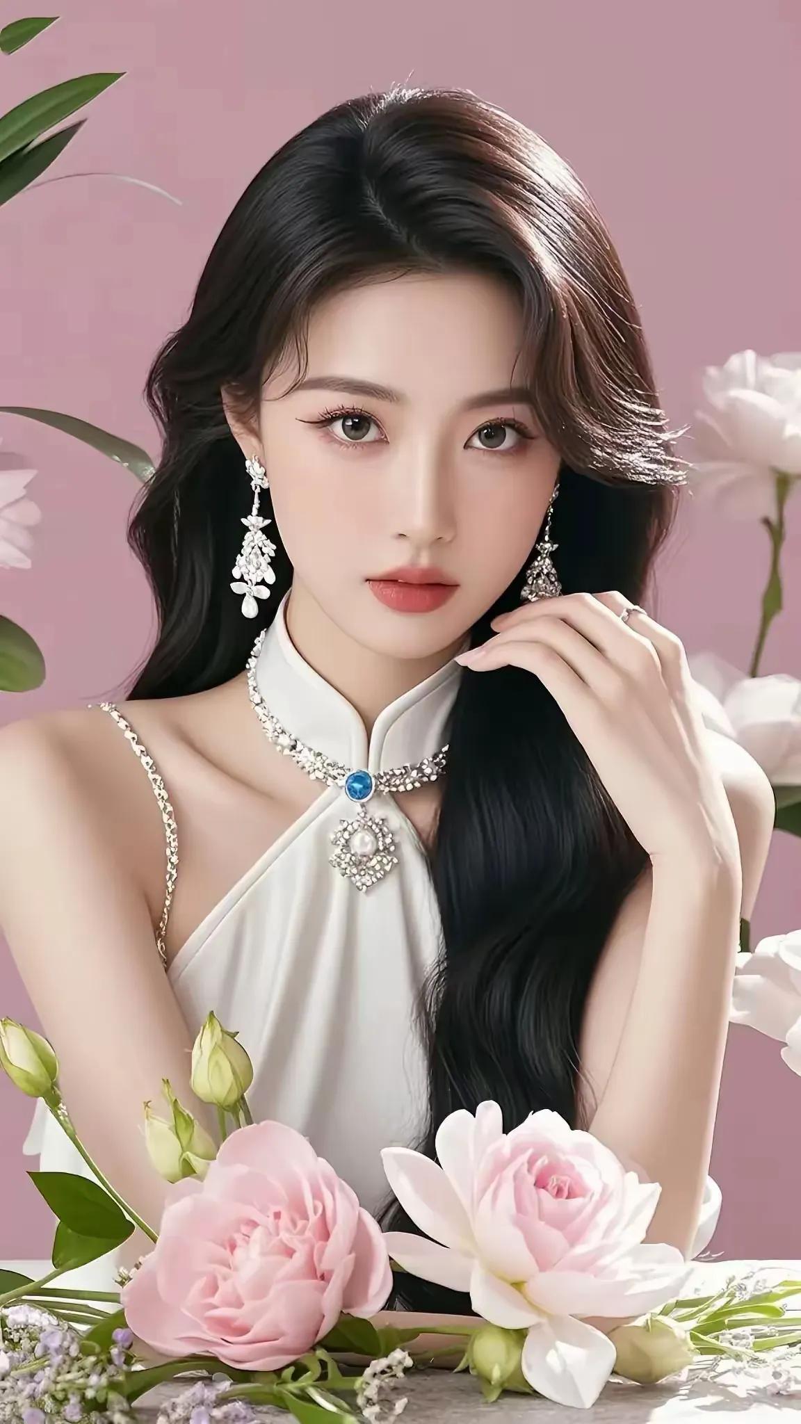 优雅仙女风，粉色背景，精致妆容，花团锦簇，美不胜收！