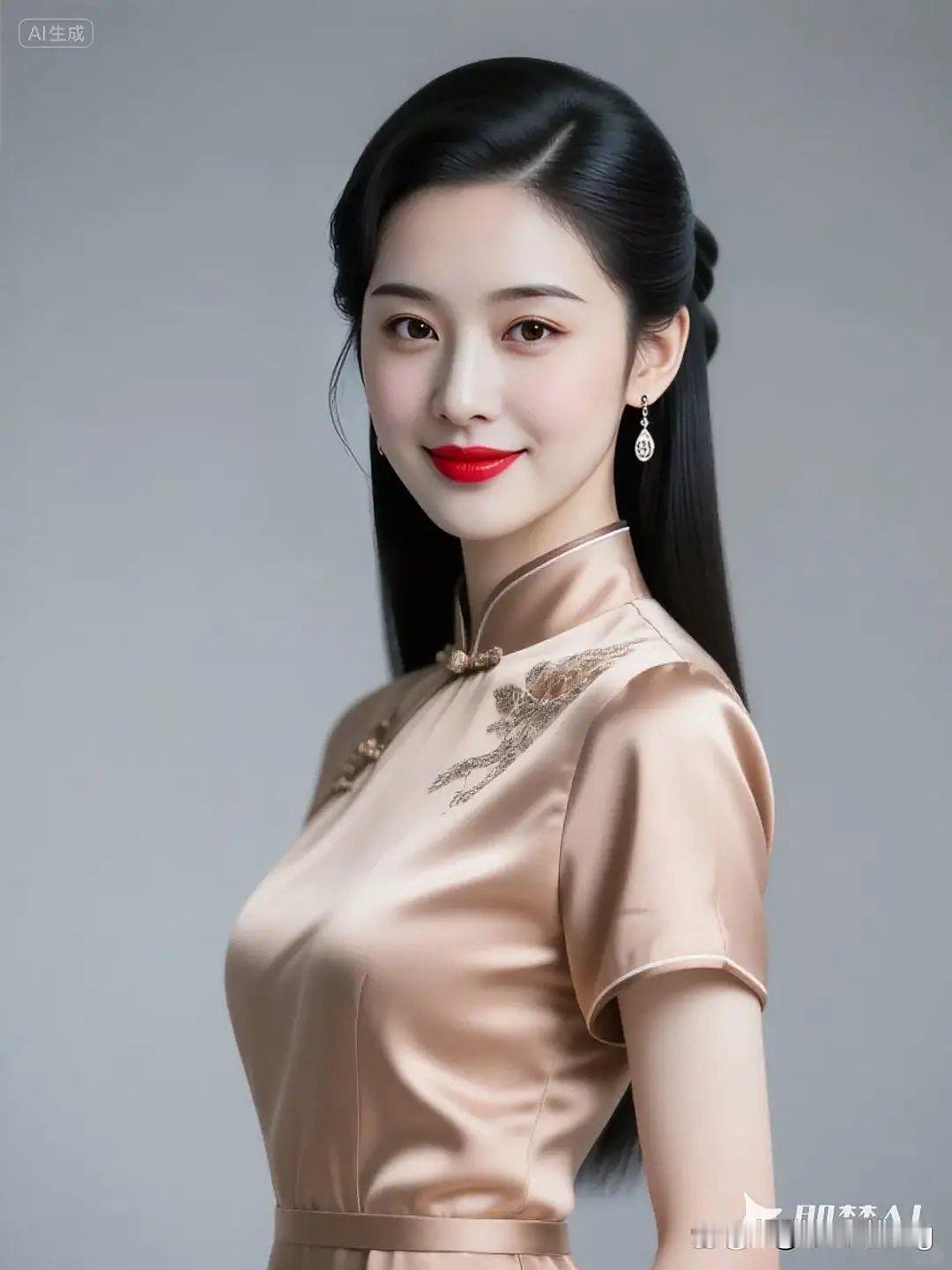 优雅东方美人，红唇与珍珠耳环的完美搭配