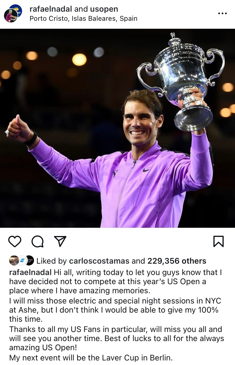 Not Breaking News：纳达尔在社交媒体发文确认，他不会参加今年的美