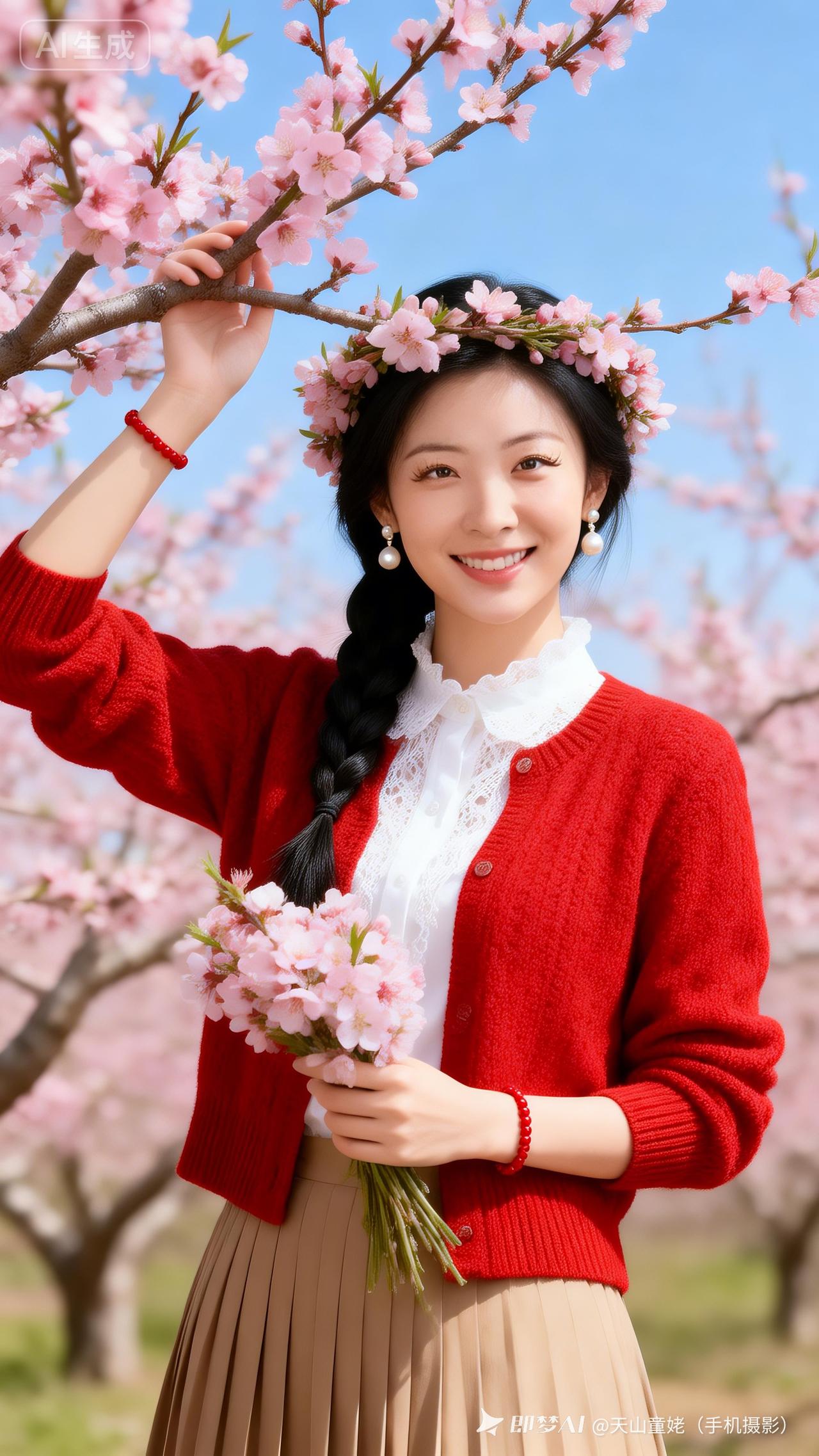 樱花树下，笑容灿烂的女孩手捧花束。