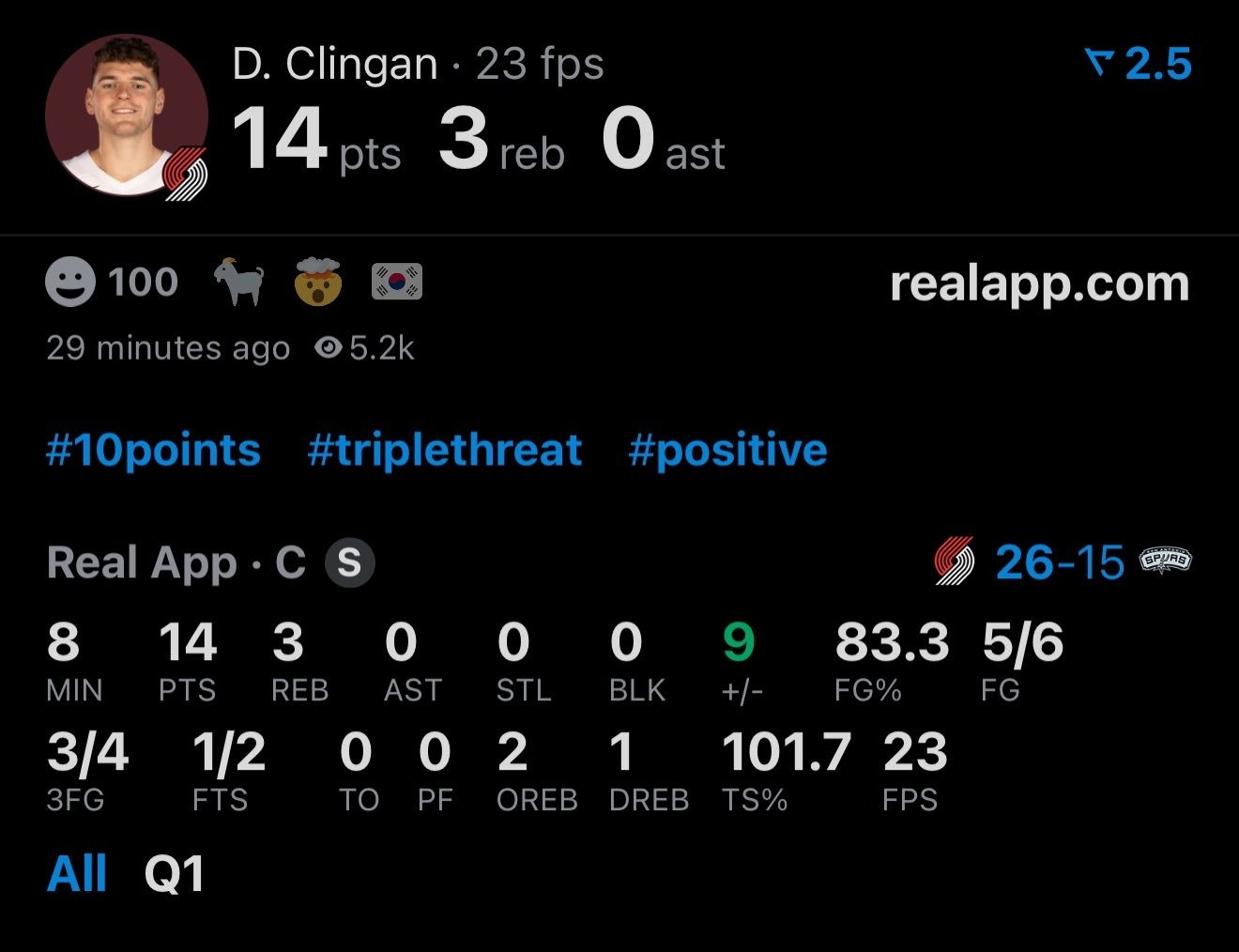 这是克林根？大根过去21场比赛的三分球，51中23，命中率高达45%！今天他首节