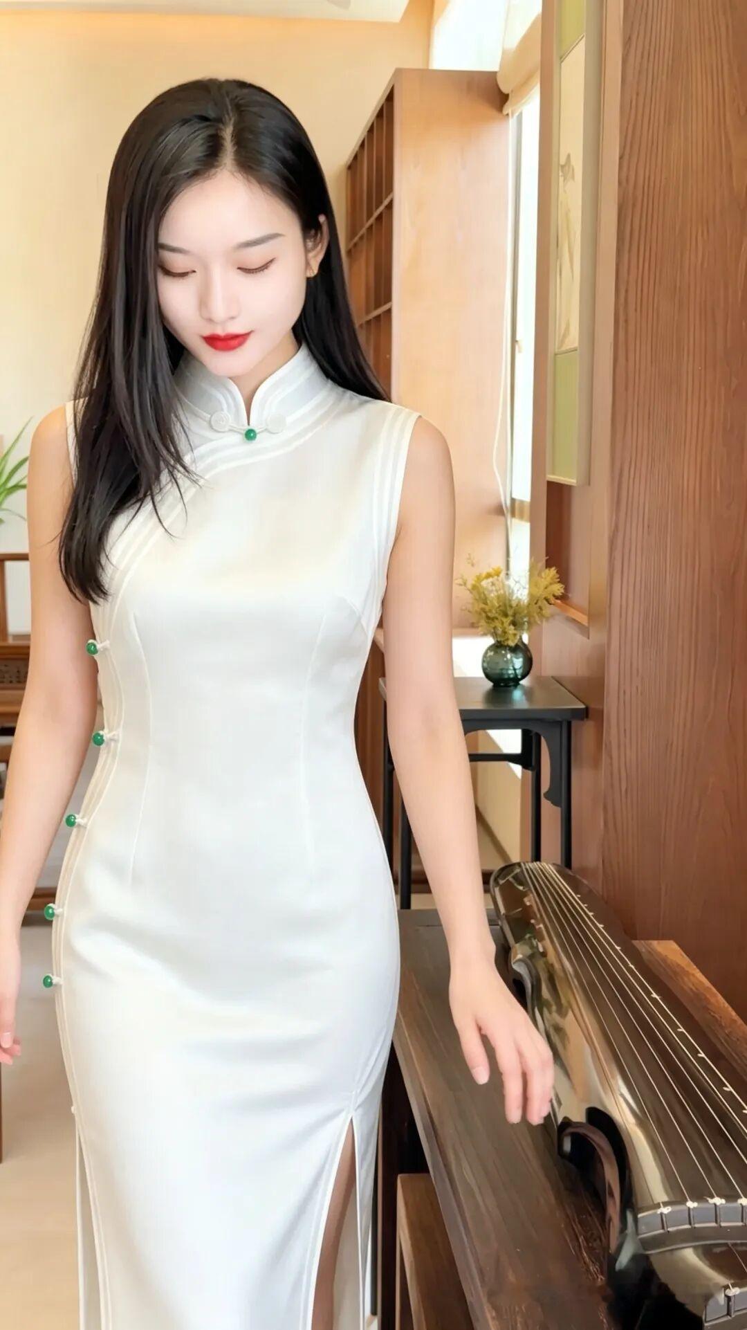 一个穿旗袍的姑娘在弹古筝。