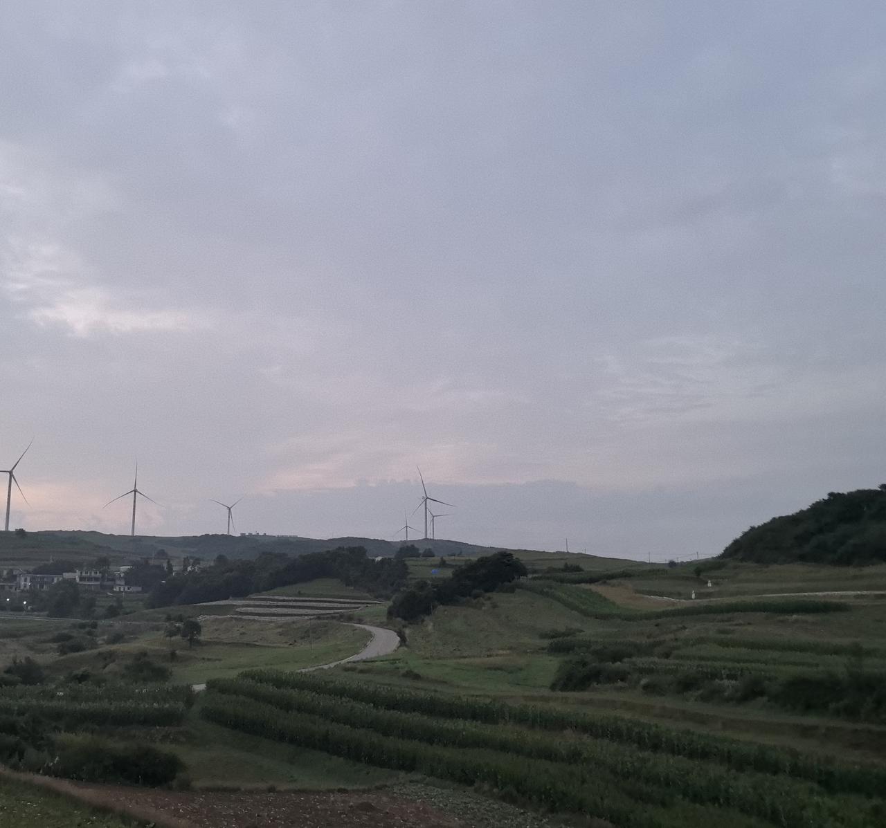 晨光初露。风车与梯田。摄于威宁乡间。
